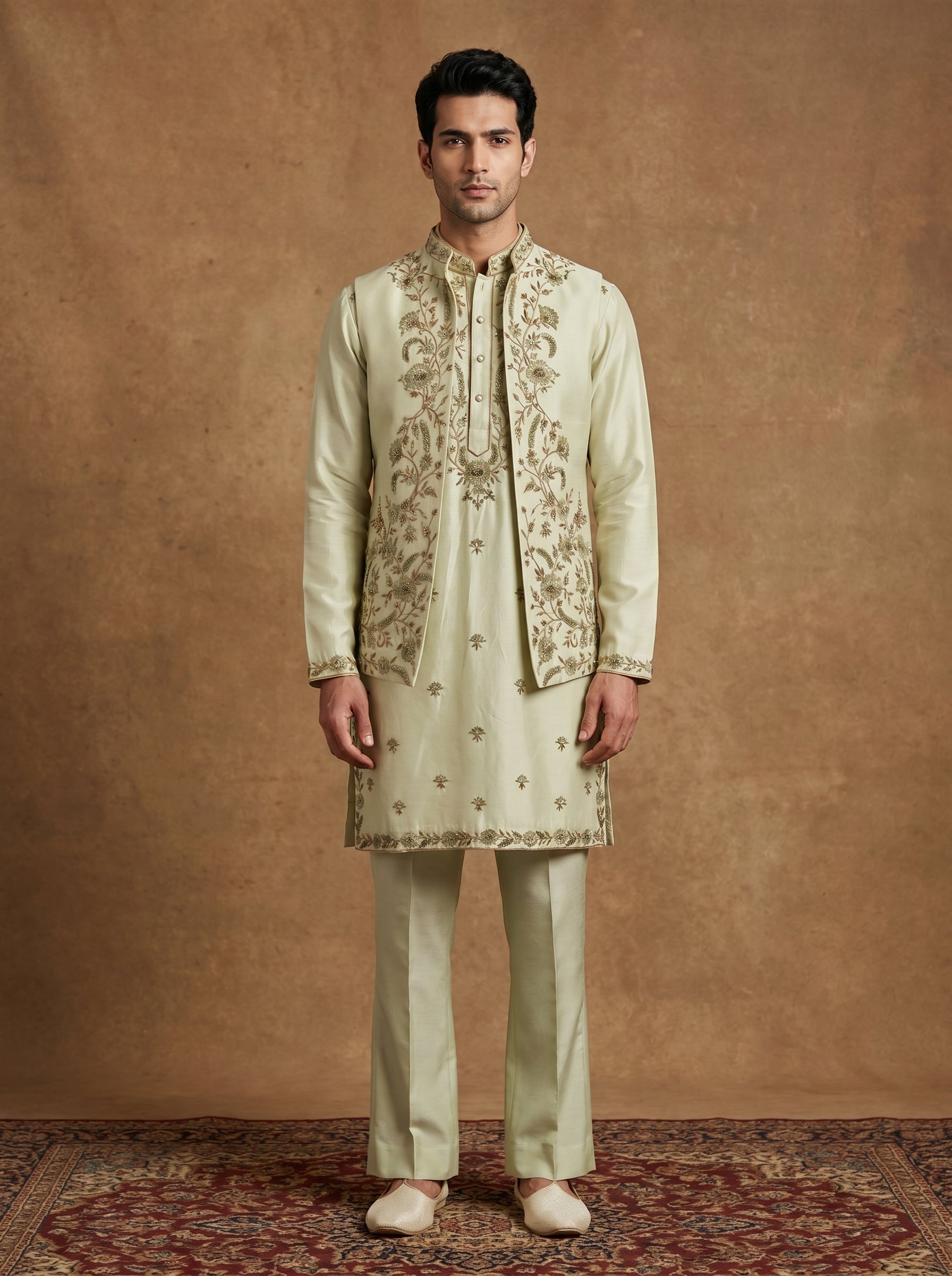 Hand Embroidered Silk Kurta Pajama Waistcoat Set