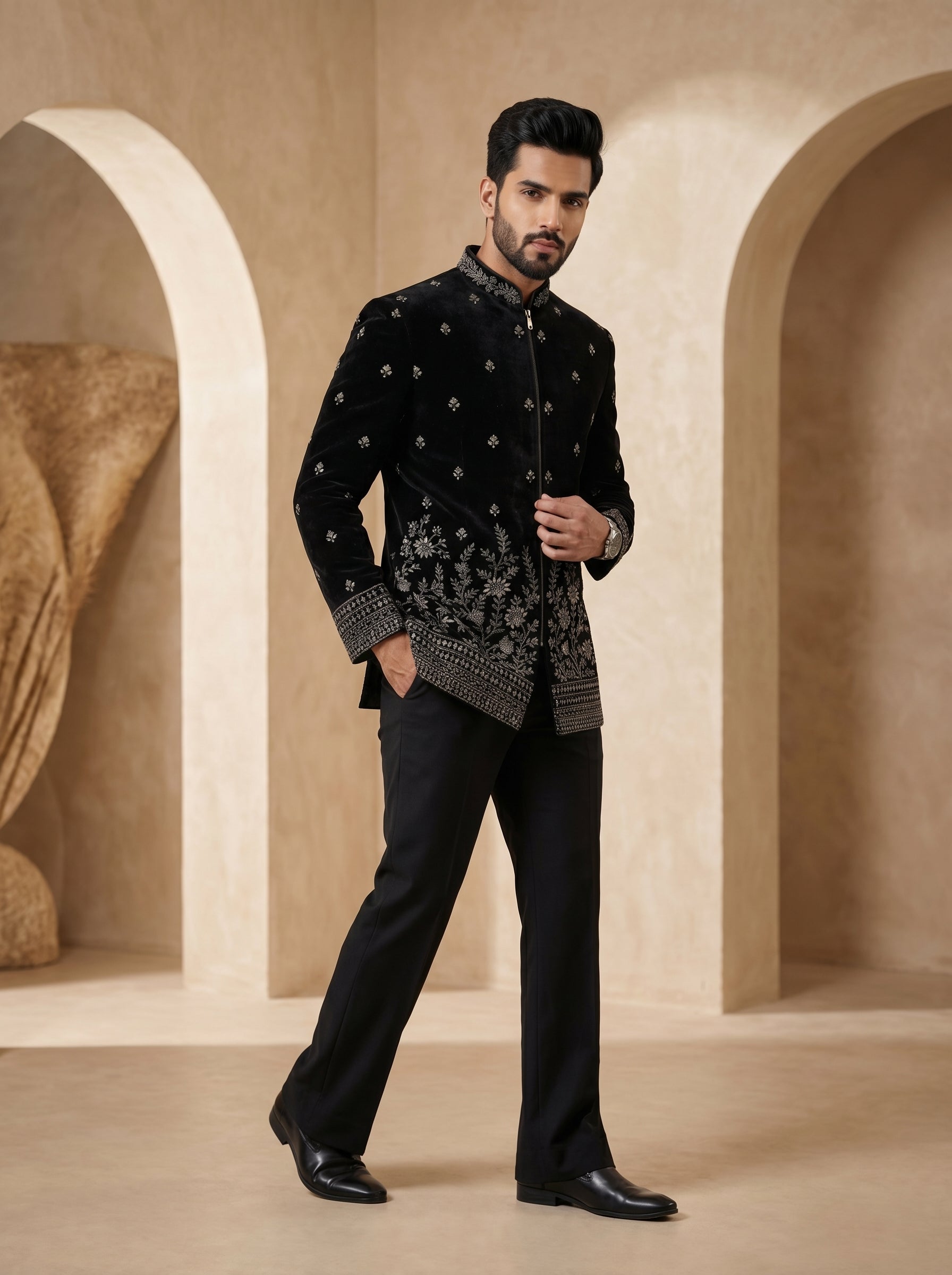 Hand Embroidered silk velvet Indo western