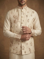 Hand Embroidered Silk Kurta Pajama Waistcoat Set