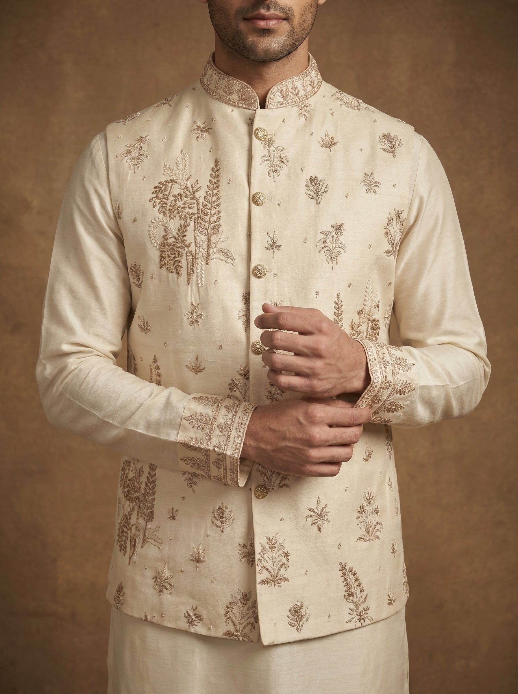 Hand Embroidered Silk Kurta Pajama Waistcoat Set