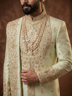 Silk Pista Sherwani With Hand Embroidery