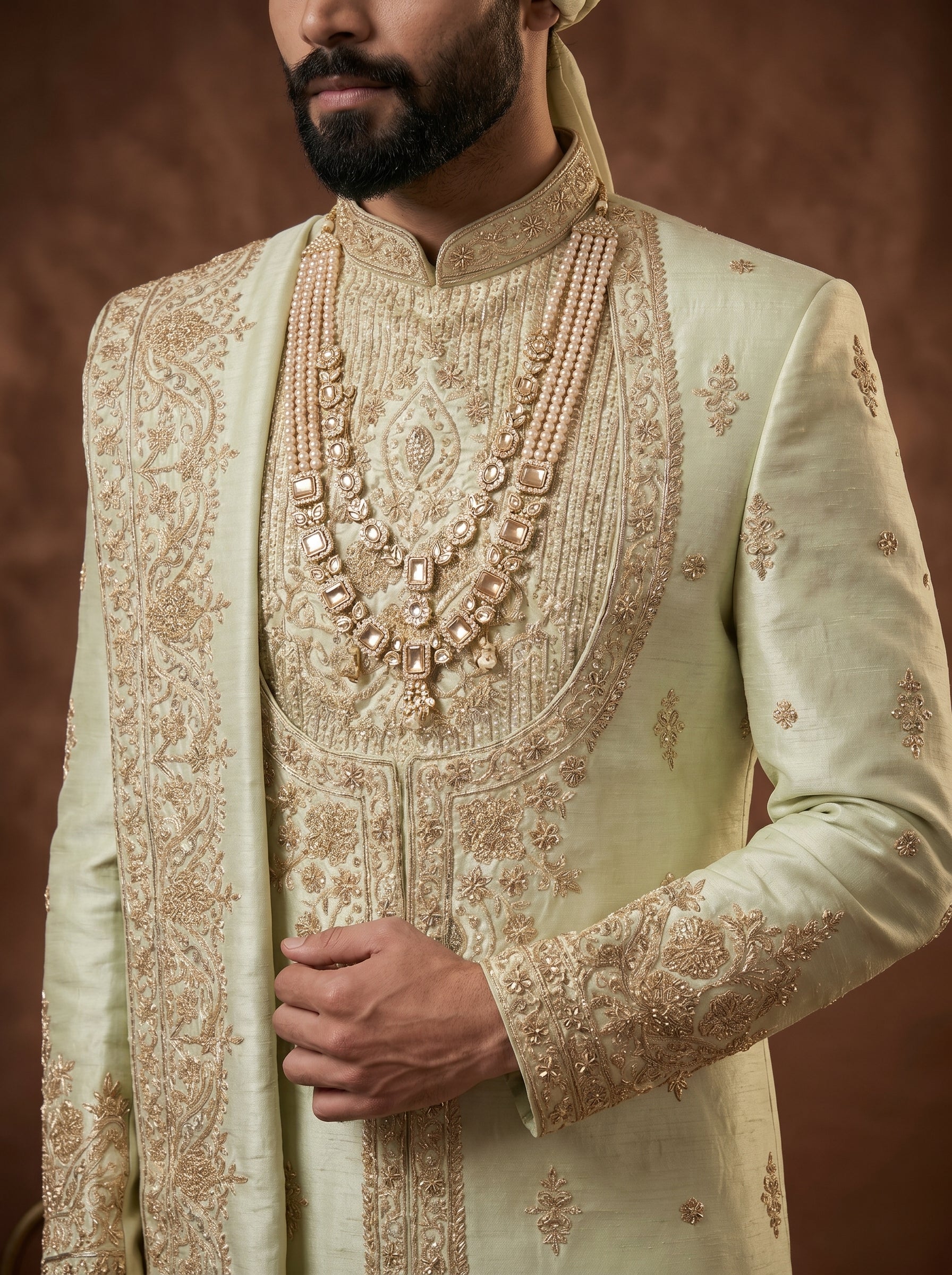 Silk Pista Sherwani With Hand Embroidery