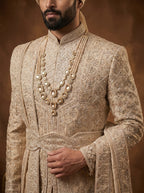 Silk Champagne Gold Sherwani With Hand Embroidery