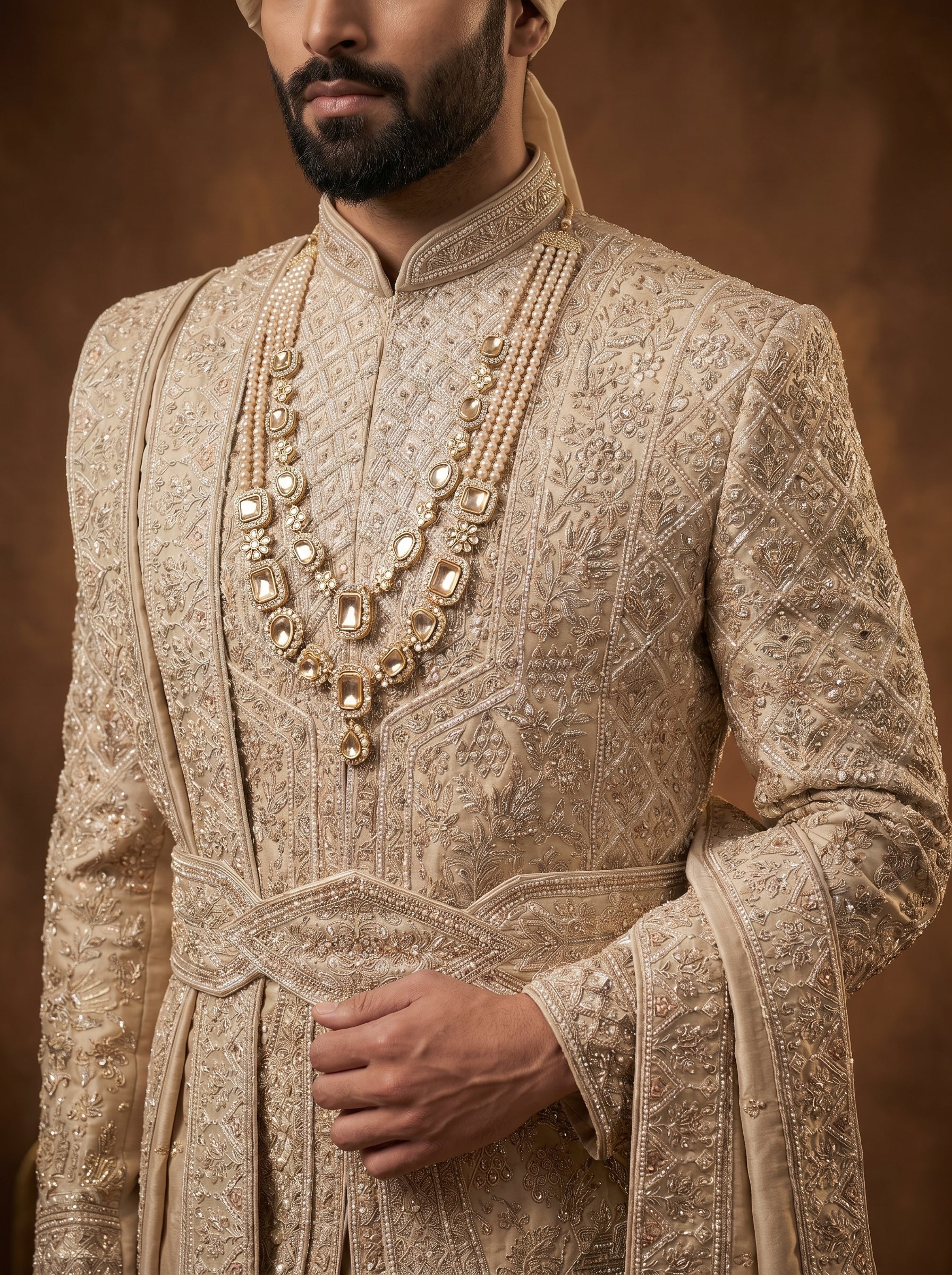 Silk Champagne Gold Sherwani With Hand Embroidery