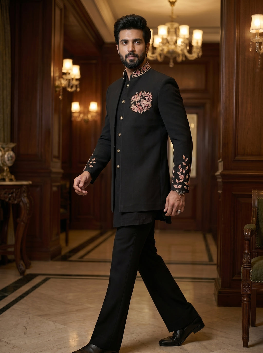 Black thread embroidered front open jodhpuri