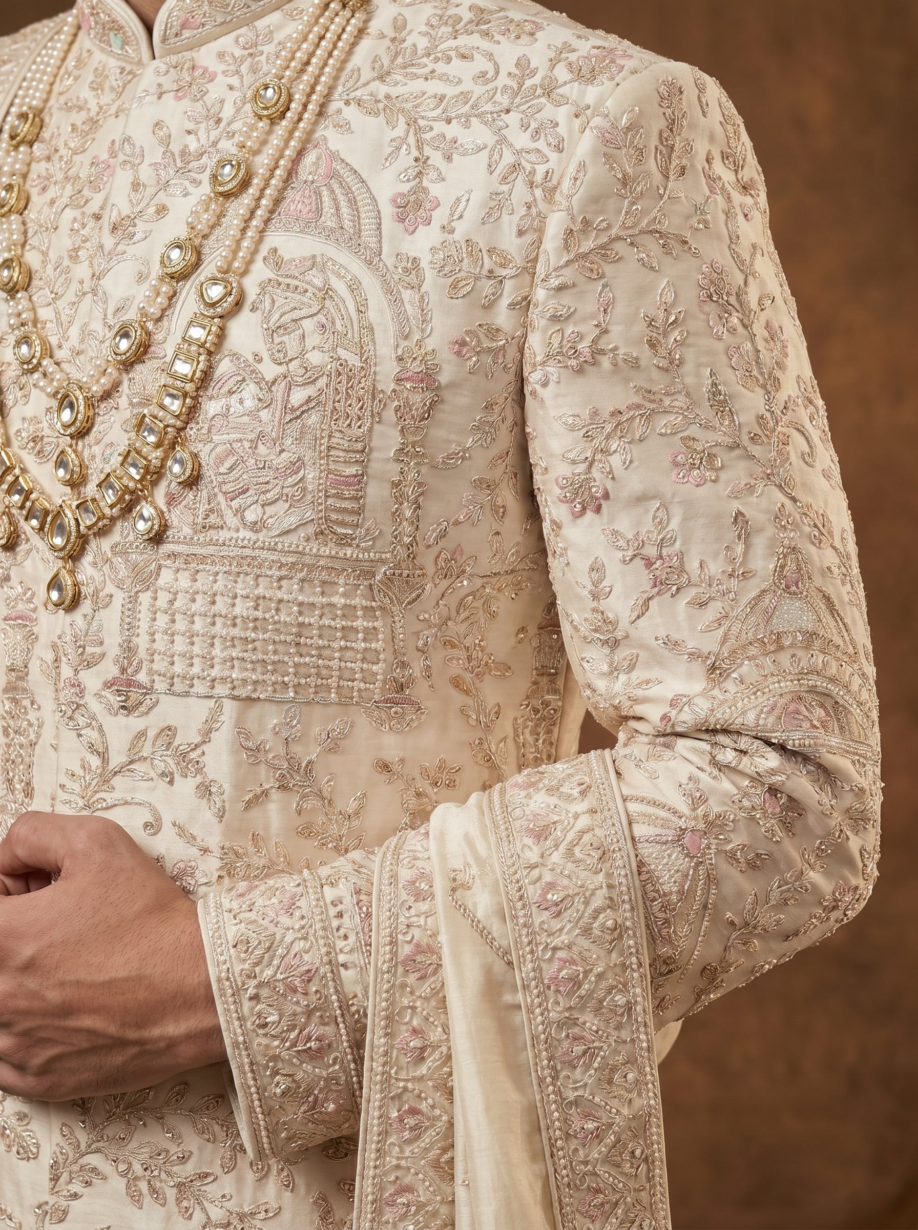 Silk Beige Sherwani With Hand Embroidery