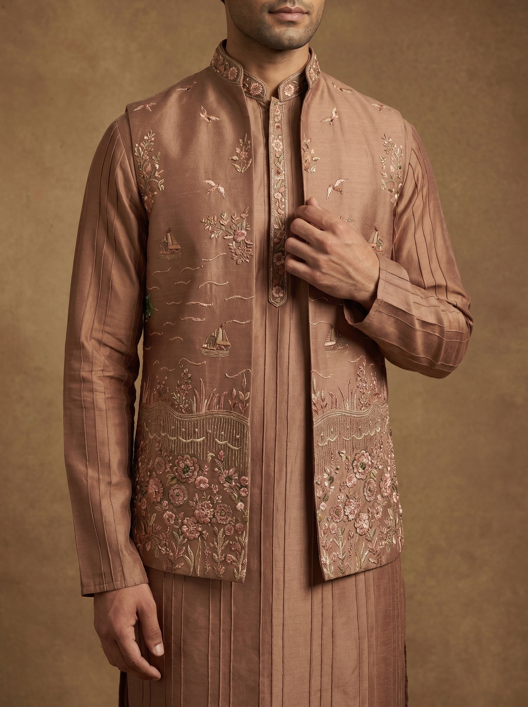 Hand Embroidered Silk Kurta Pajama Waistcoat Set