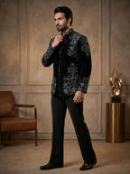 Black velvet handwork front open jodhpuri with V jacket