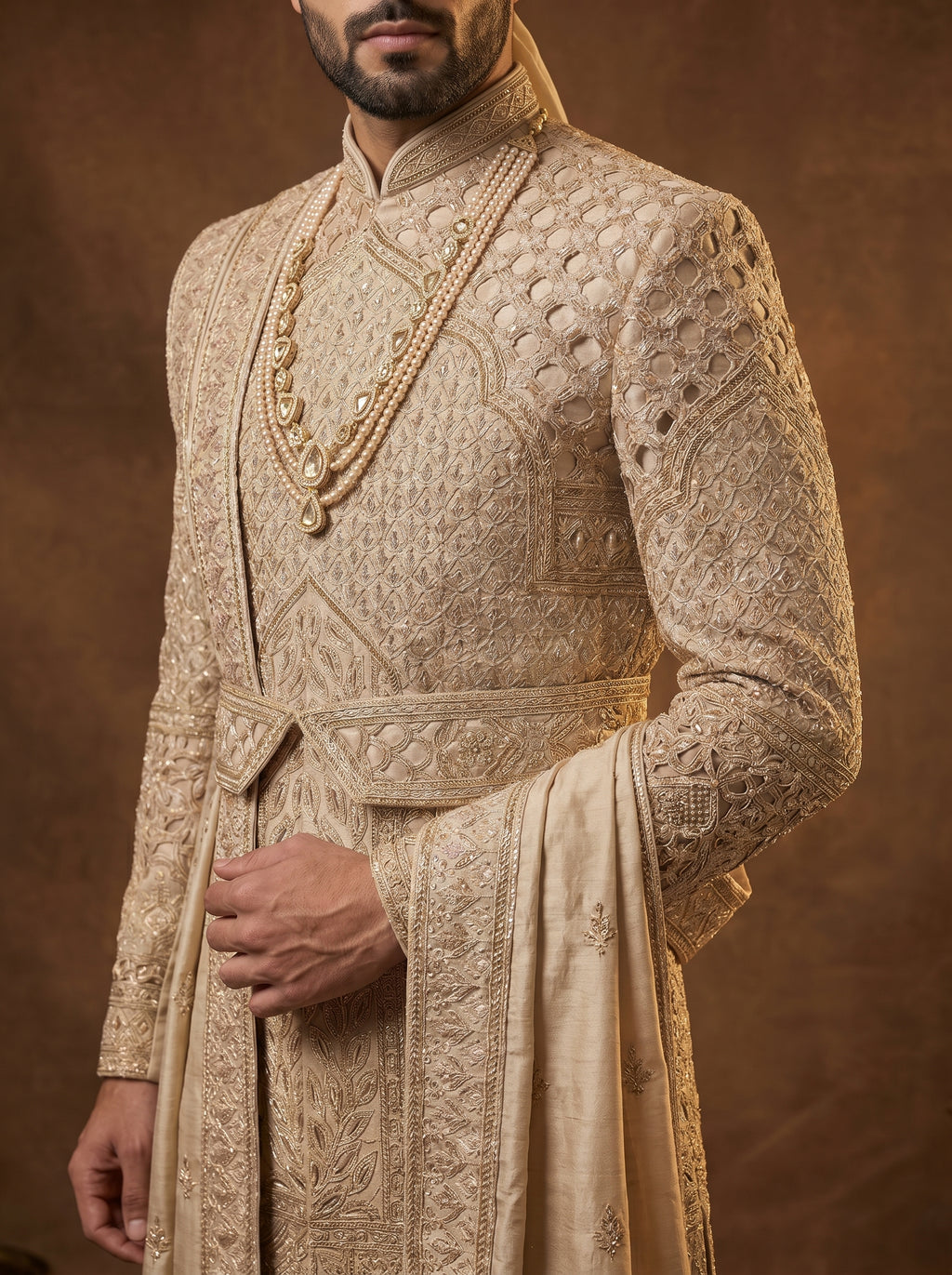 Silk Beige Gold Sherwani With Hand Embroidery