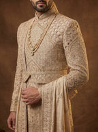 Silk Beige Gold Sherwani With Hand Embroidery