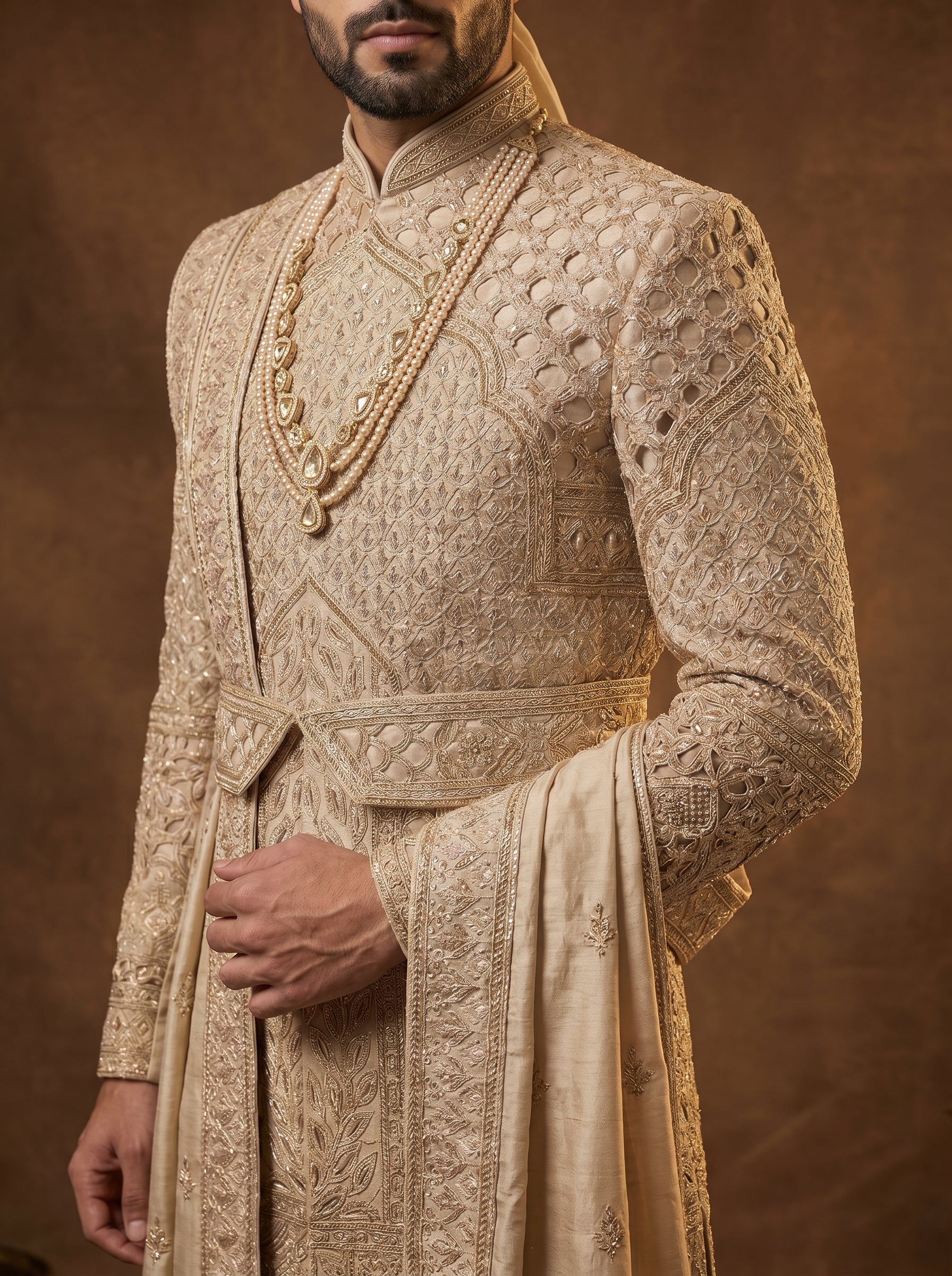 Silk Beige Gold Sherwani With Hand Embroidery
