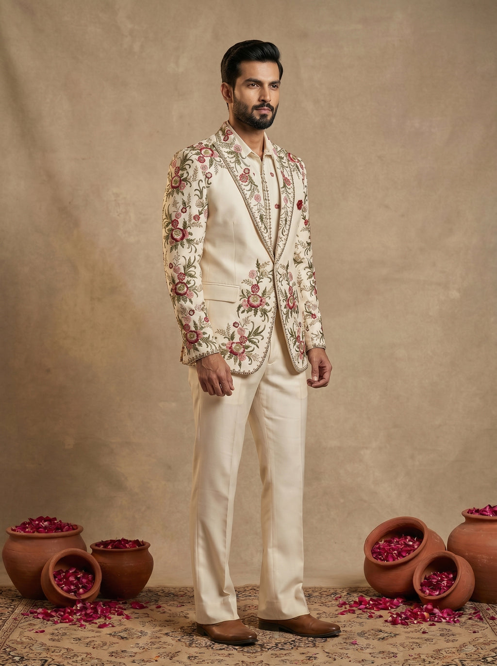 Cream Japanese Hand Embroidered Suit