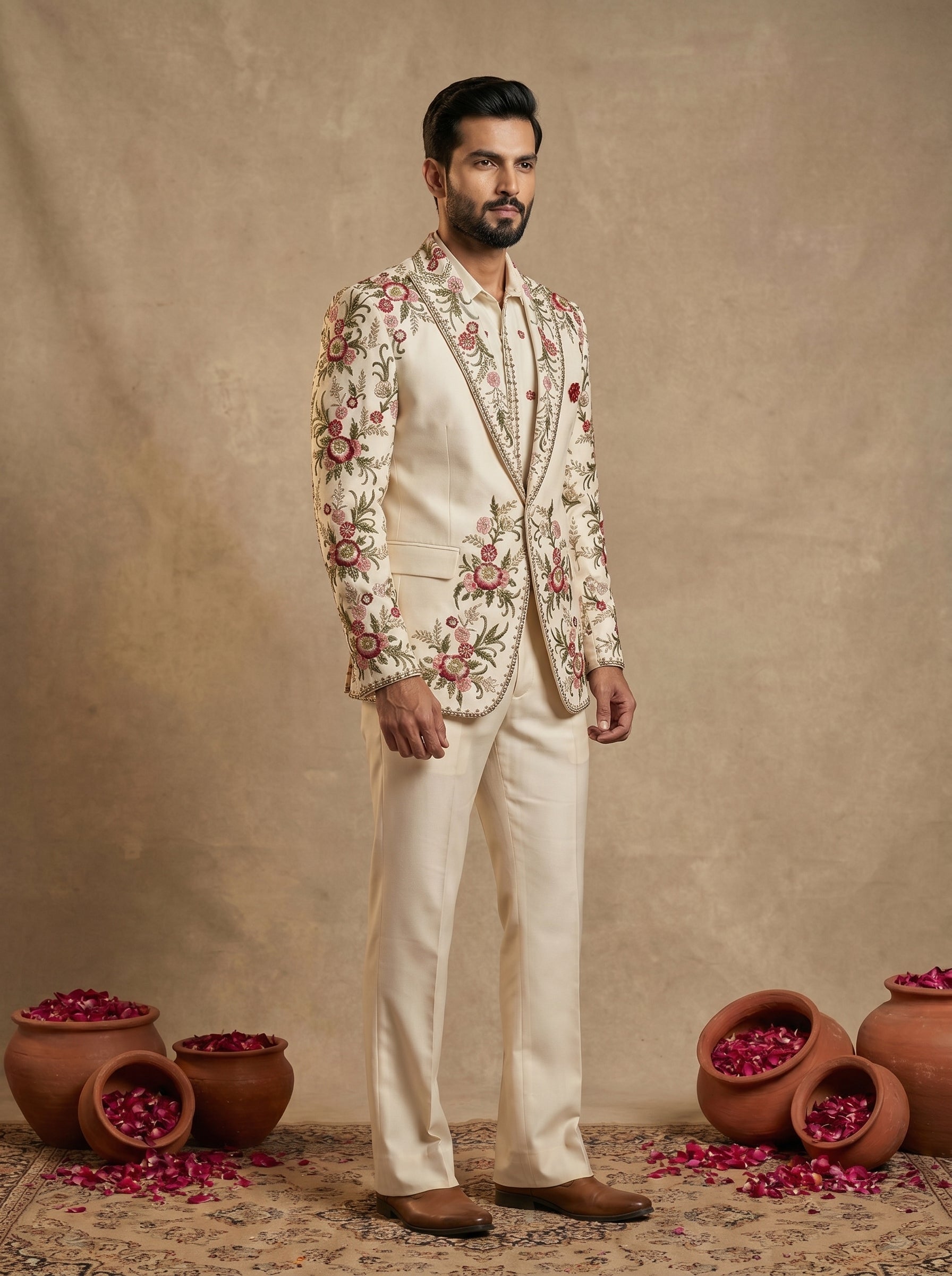 Cream Japanese Hand Embroidered Suit