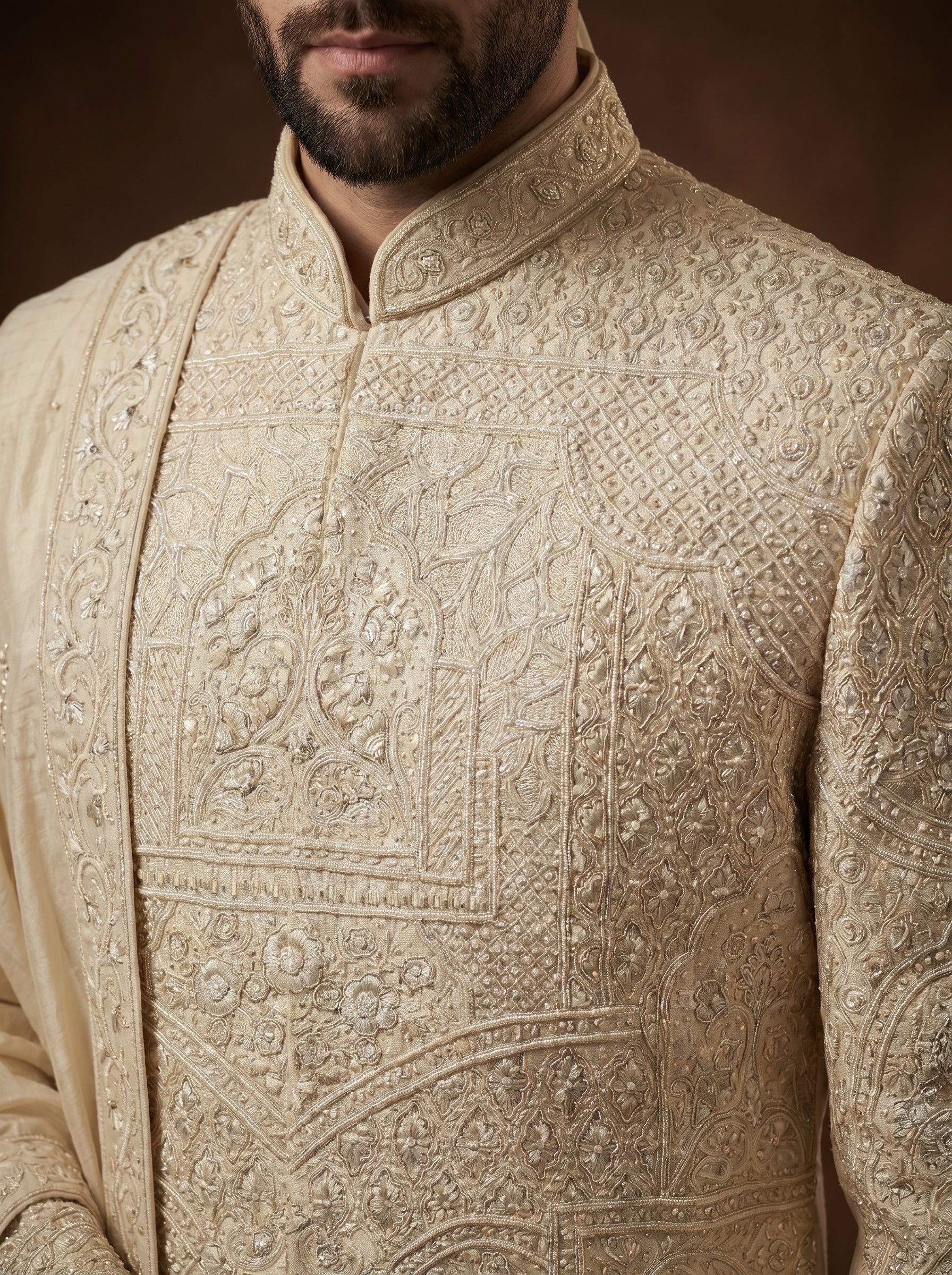 Beige Silk Sherwani With Hand Embroidery