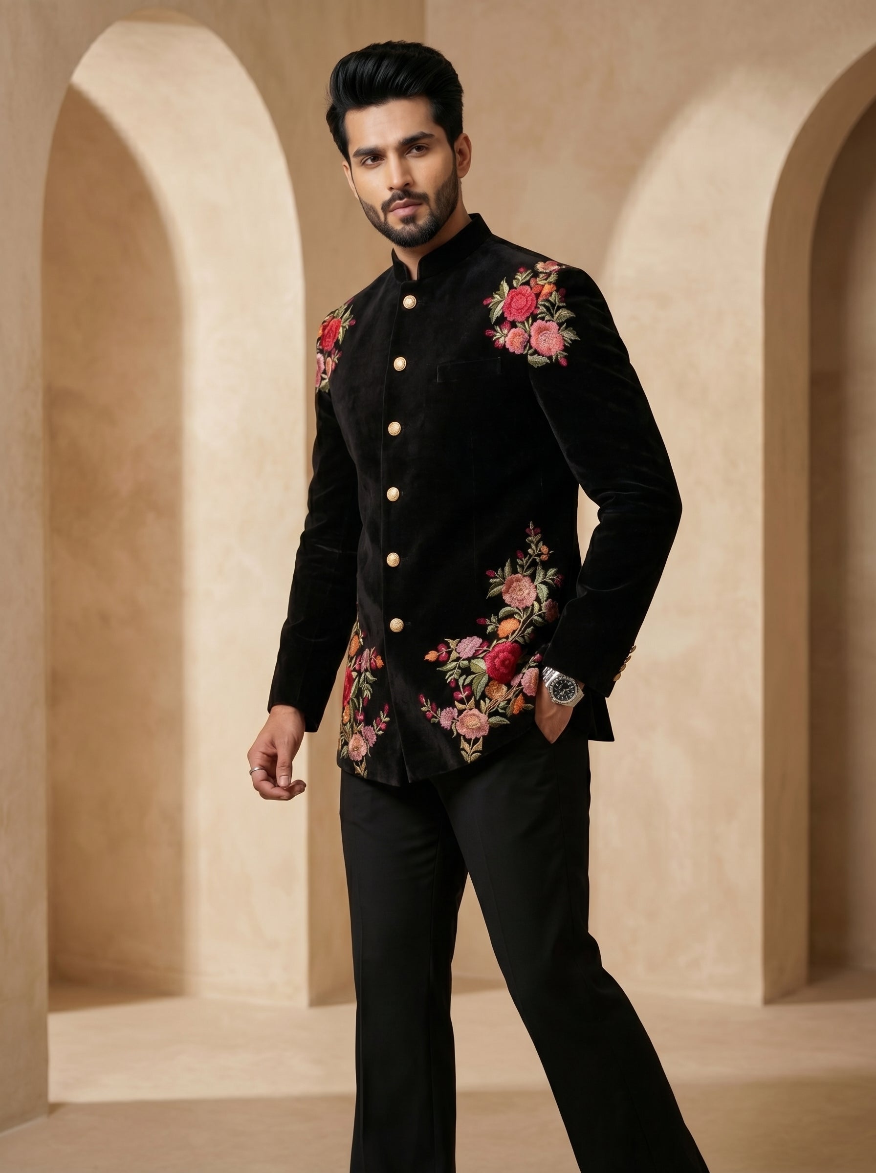 Black multi color thread work bandgala