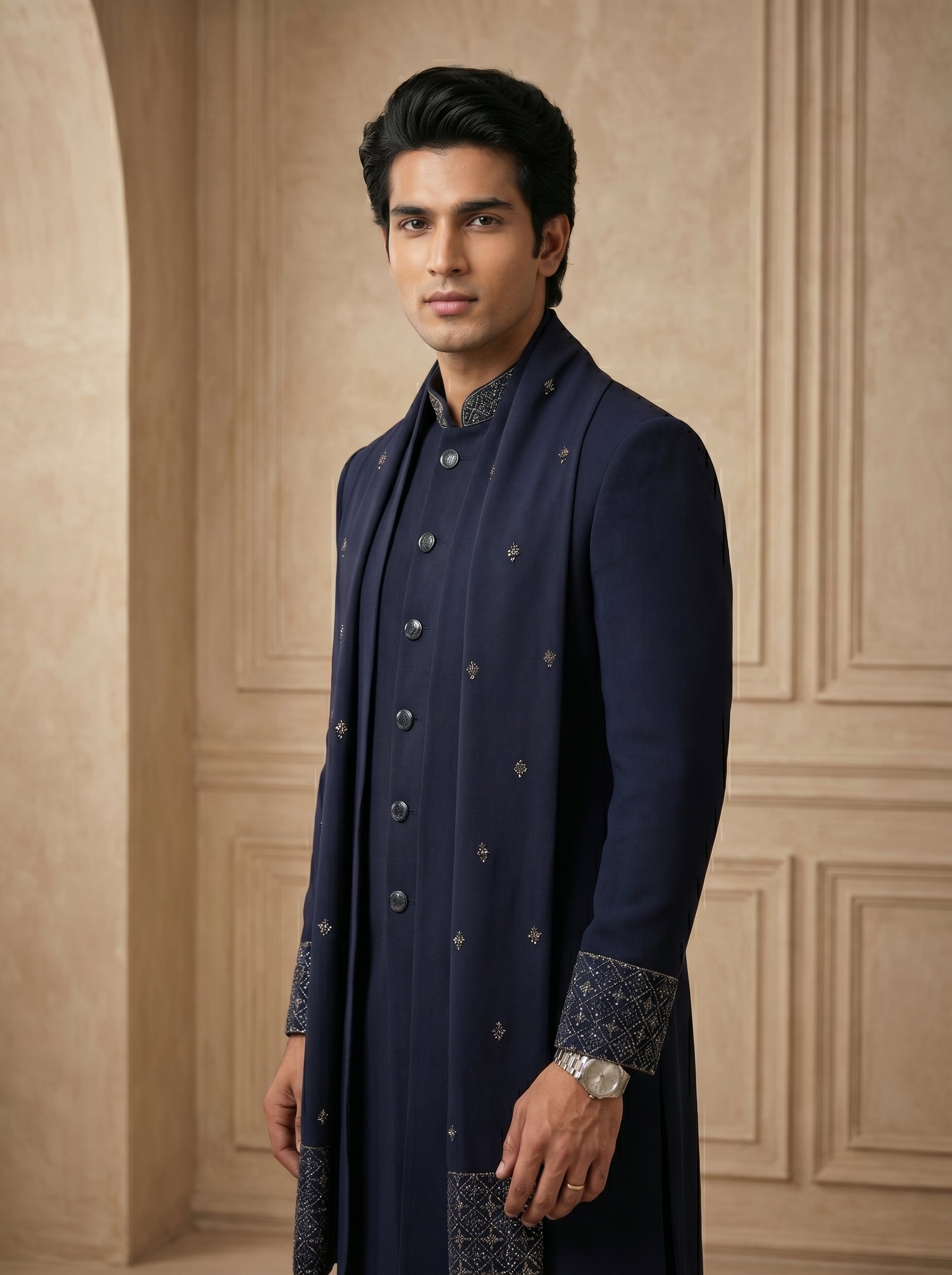 Navy Blue hand Embroidered Indo Western with stall