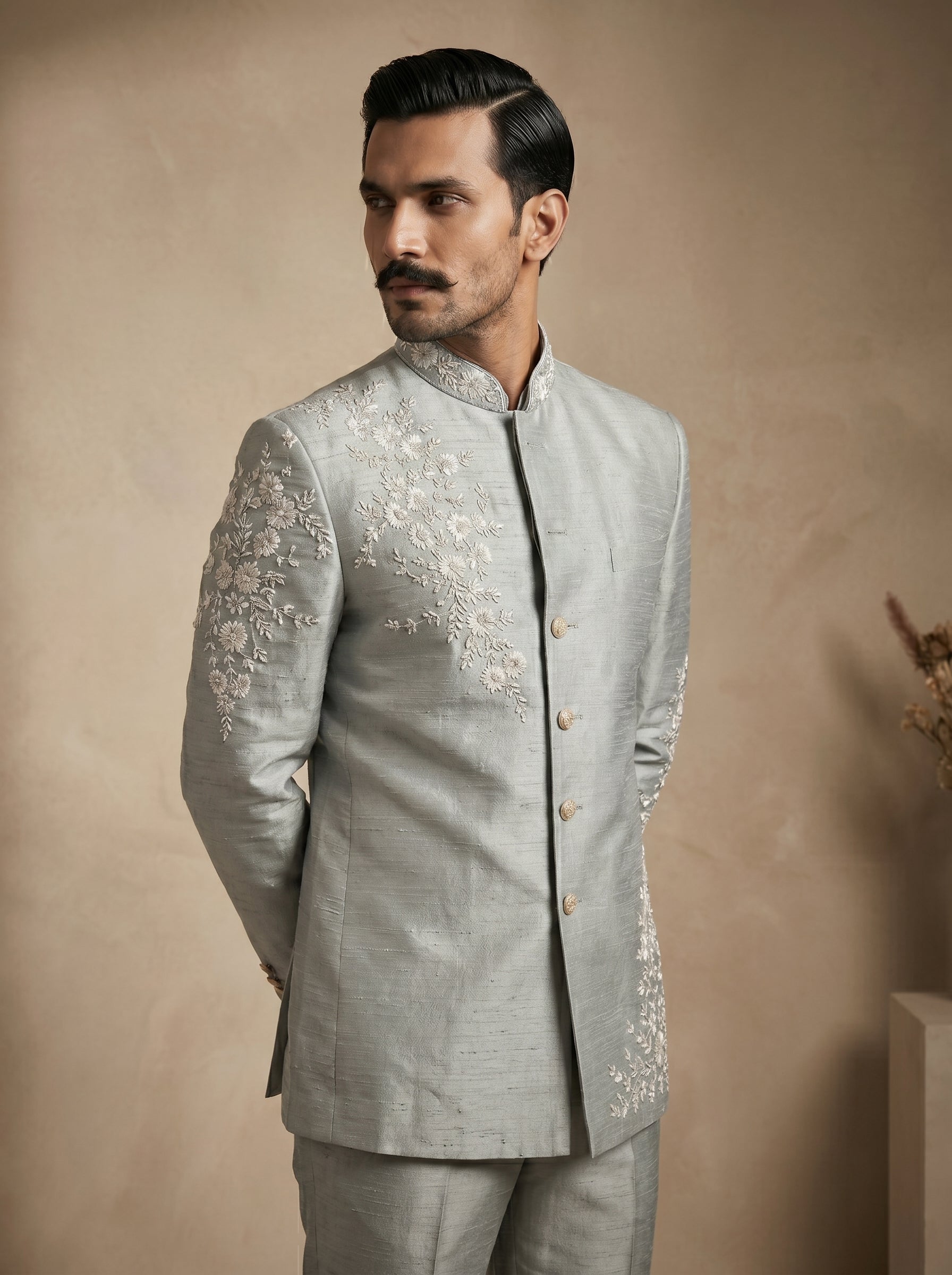 Raw silk hand embroidered bandgala