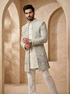 Powder blue thread embroidered indo western