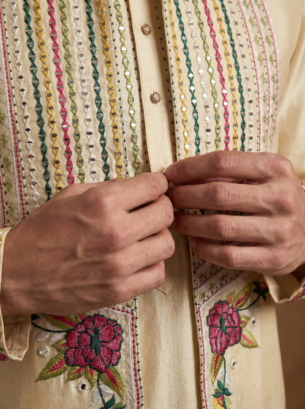 Hand Embroidered Silk Kurta Pajama Waistcoat Set