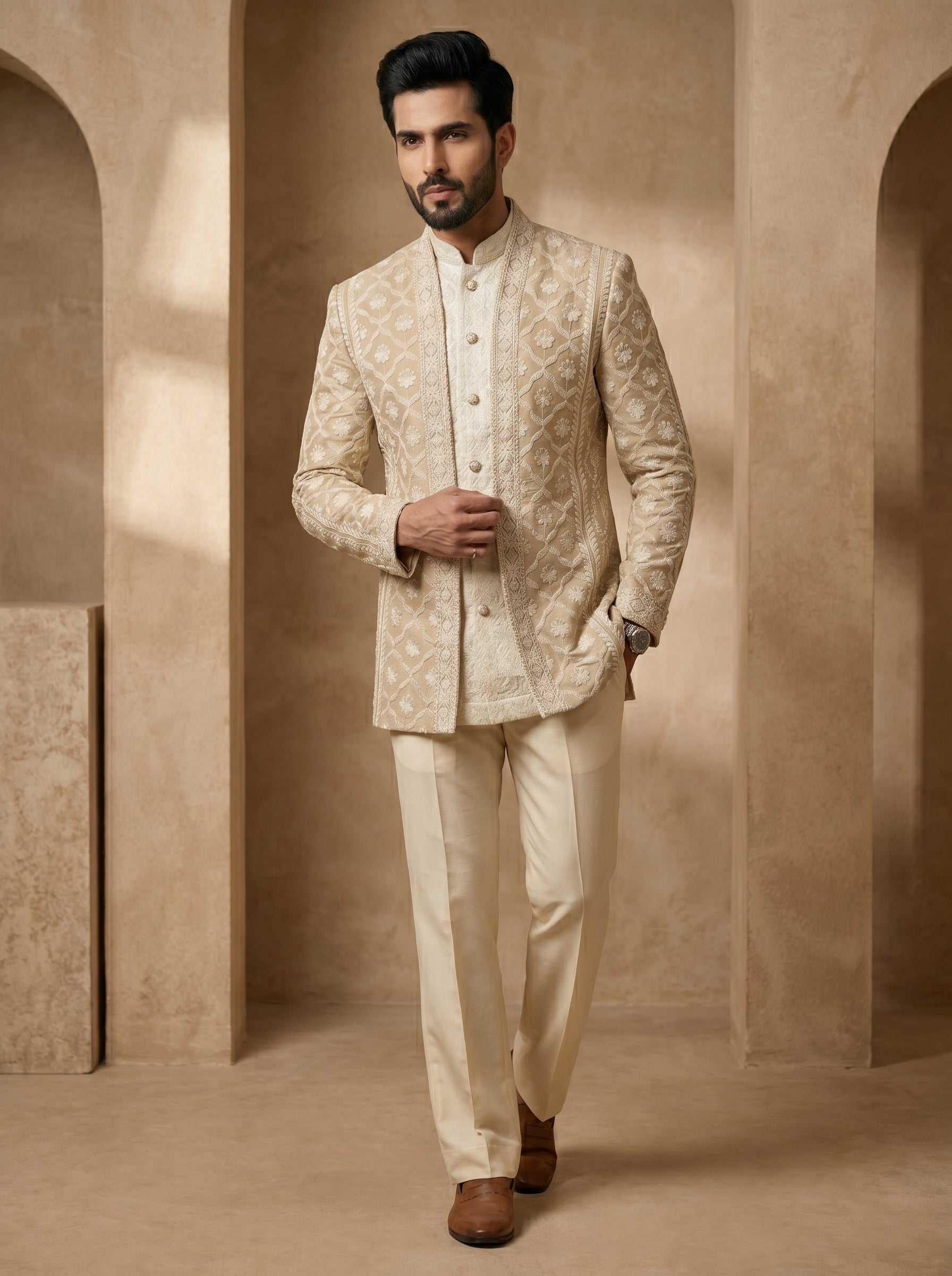 Nude color thread embroidered indo western