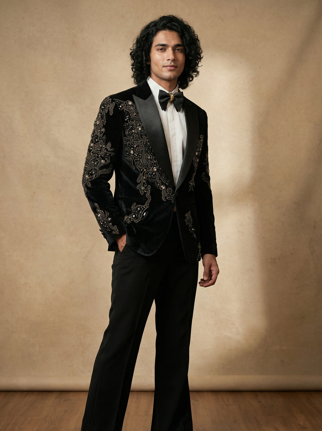 Velvet hand embroidered tuxedo with gemstone