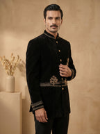 Black silk velvet hand embroidered with metal broach and buttons jodhpuri