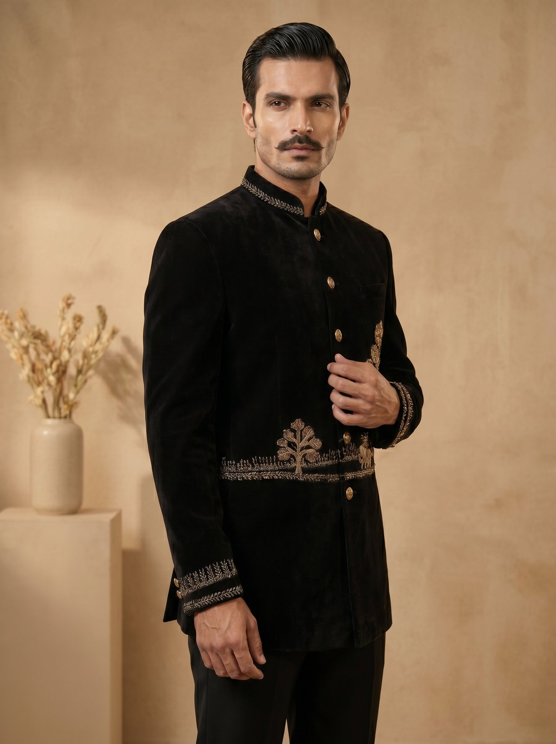 Black silk velvet hand embroidered with metal broach and buttons jodhpuri