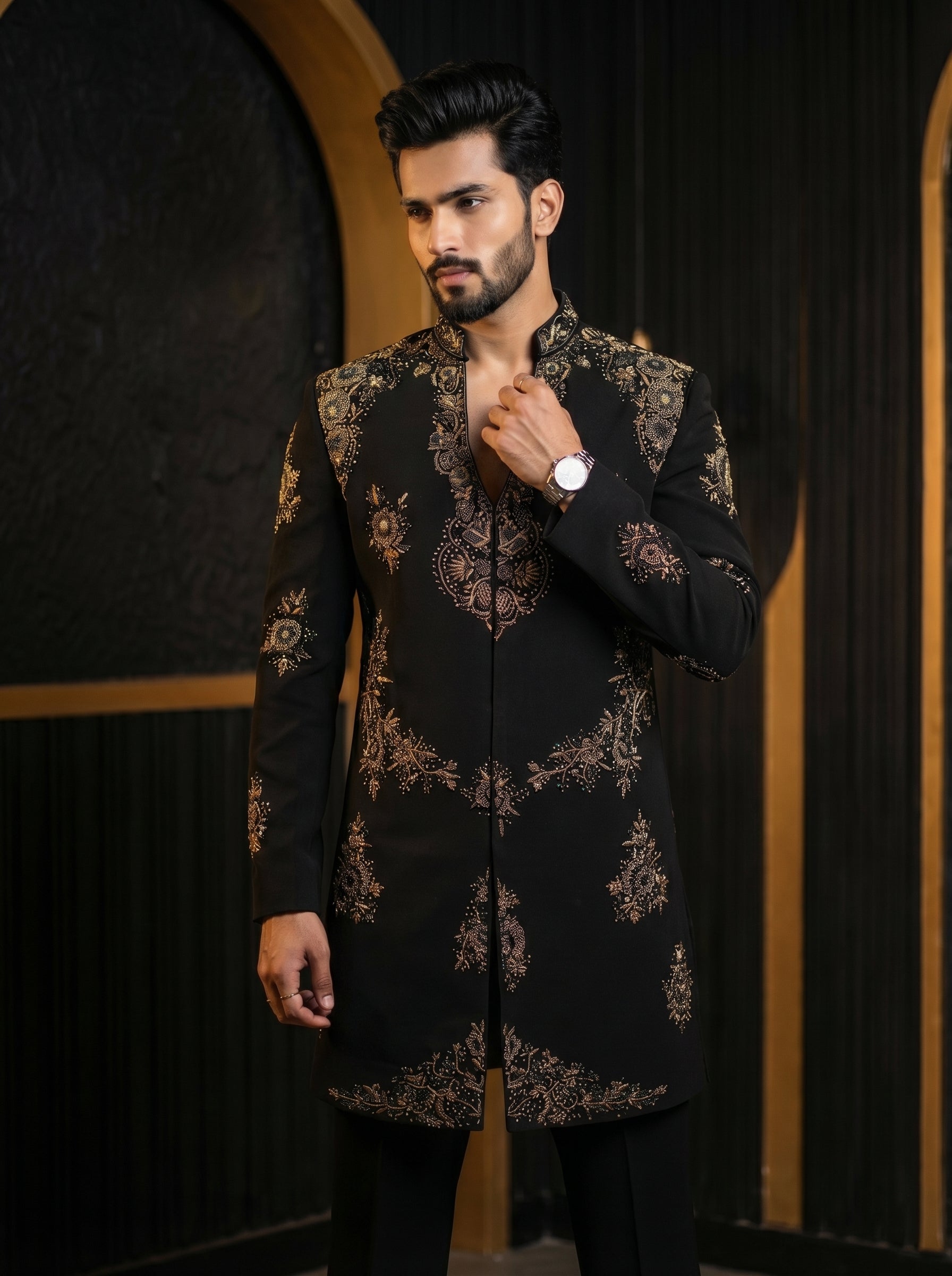 Black v neck hand work indo western