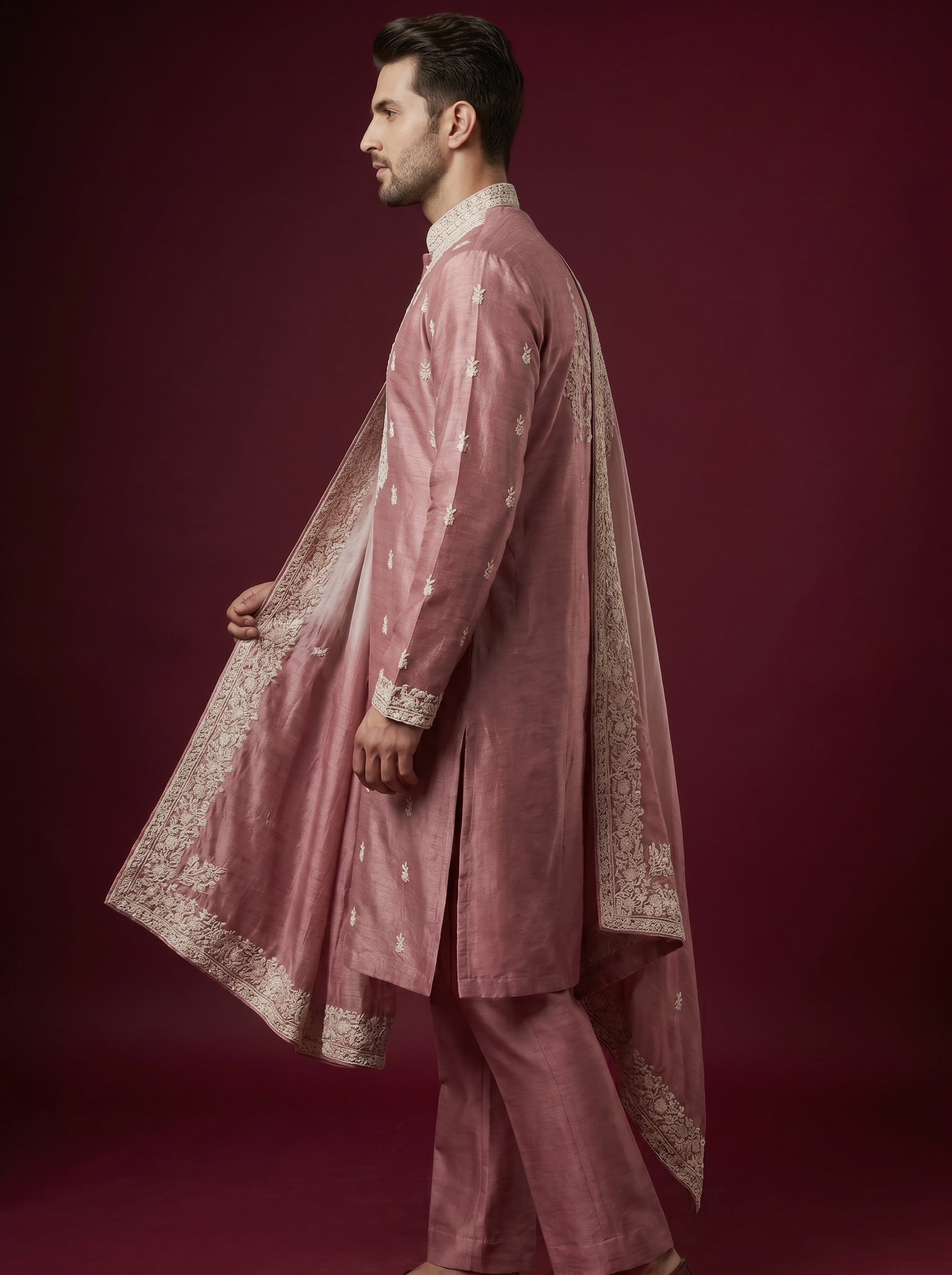 Silk Embroidered Kurta Pajama with Off White Bell Bottom