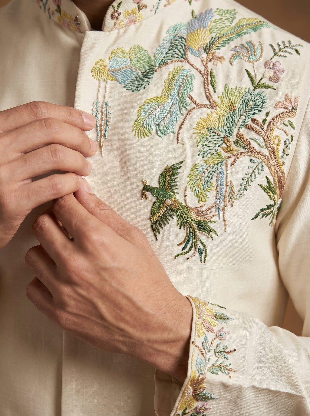 Hand Painted Embroidered Silk Kurta Pajama Waistcoat Set