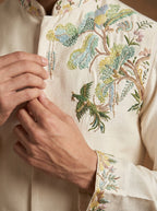 Hand Painted Embroidered Silk Kurta Pajama Waistcoat Set