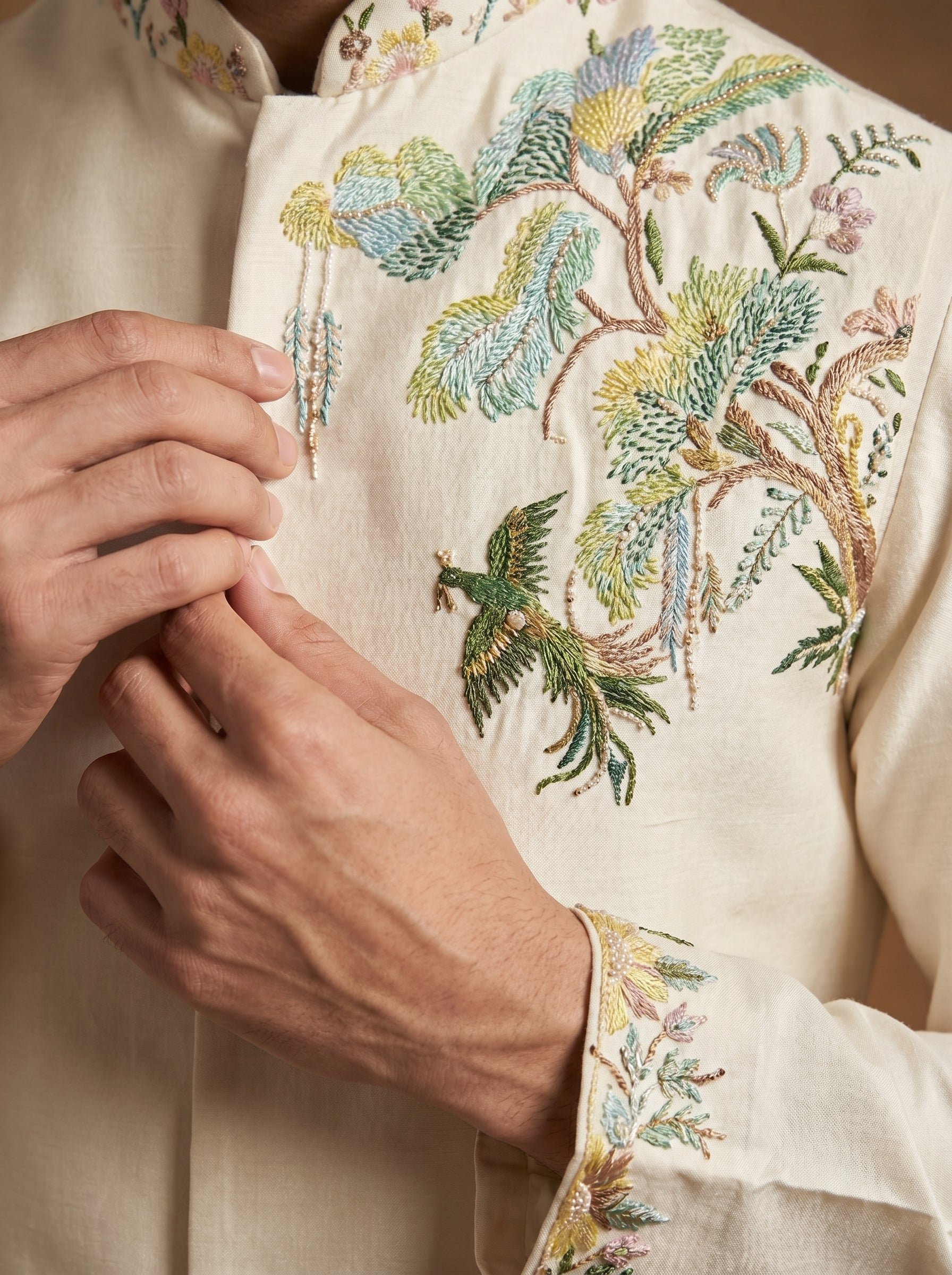 Hand Painted Embroidered Silk Kurta Pajama Waistcoat Set