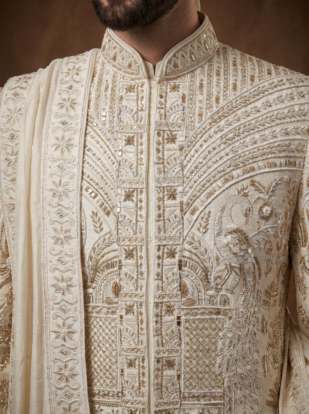 Ivory Silk Sherwani With Hand Embroidery