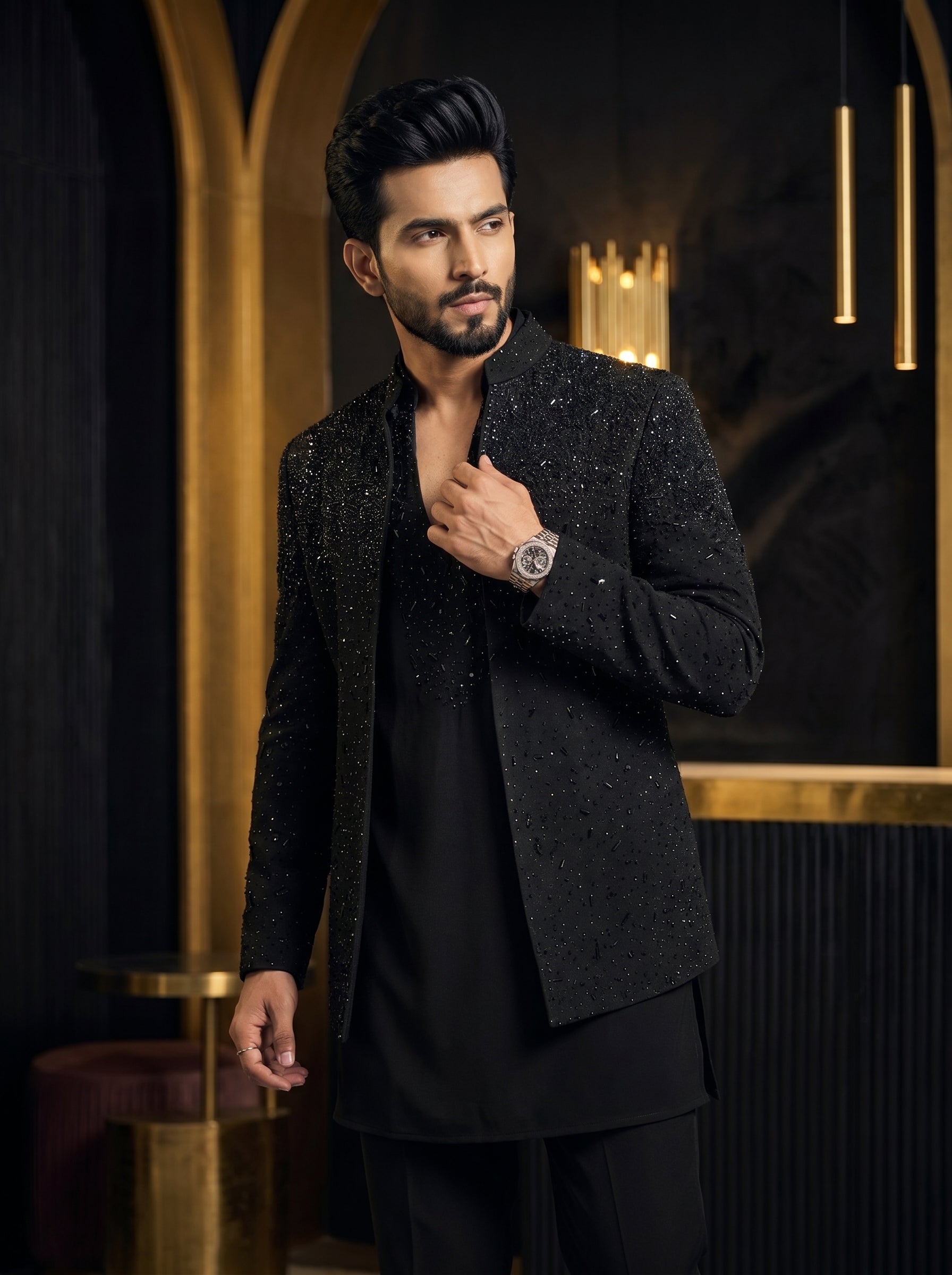 Hand Embroidered Front open Indo western with v neck kurta