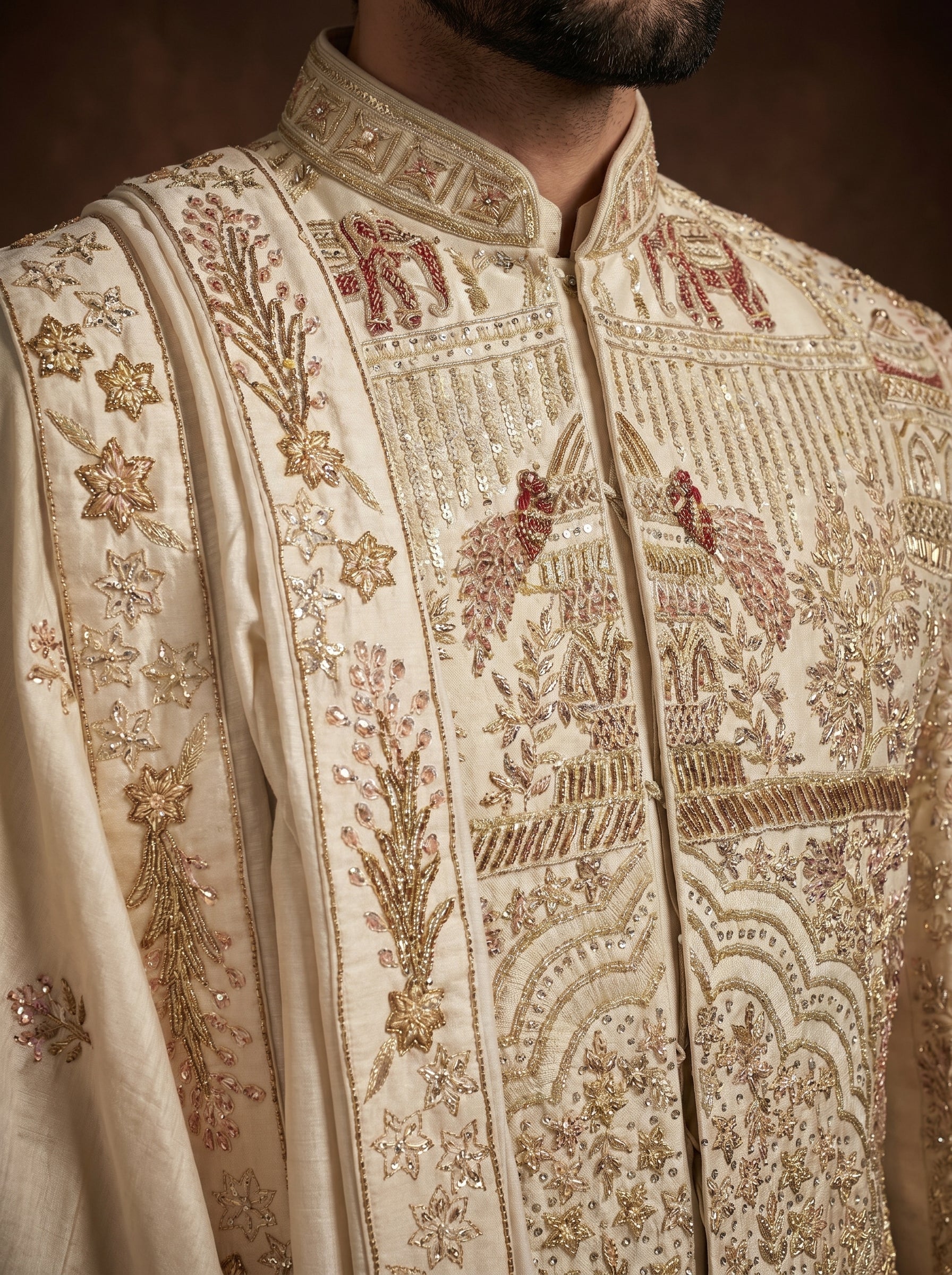 Silk Gold Sherwani With Hand Embroidery