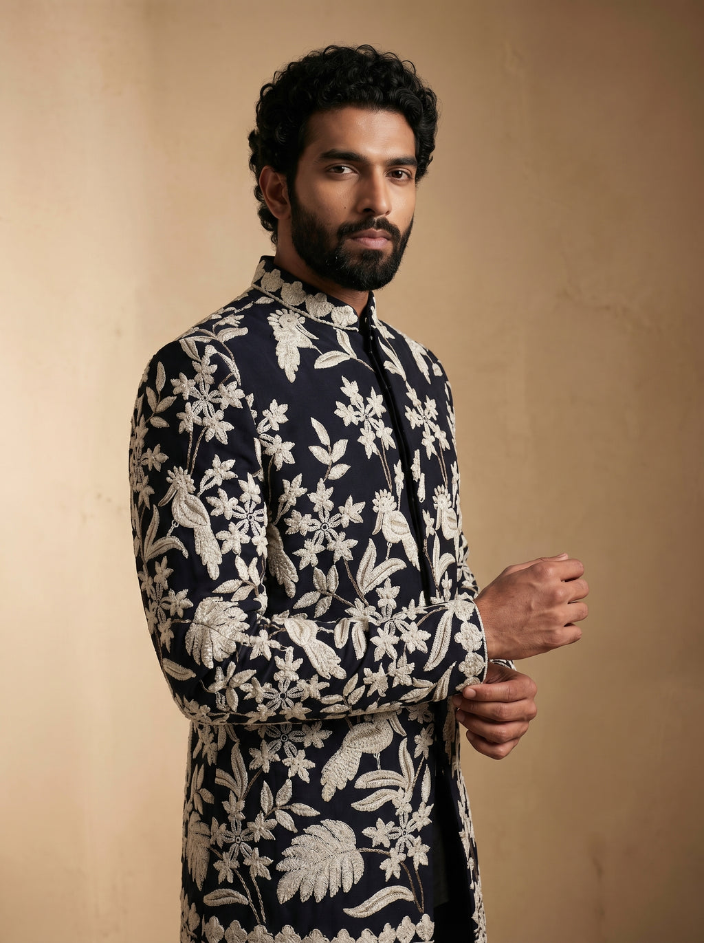Navy Blue hand Embroidered Indo Western