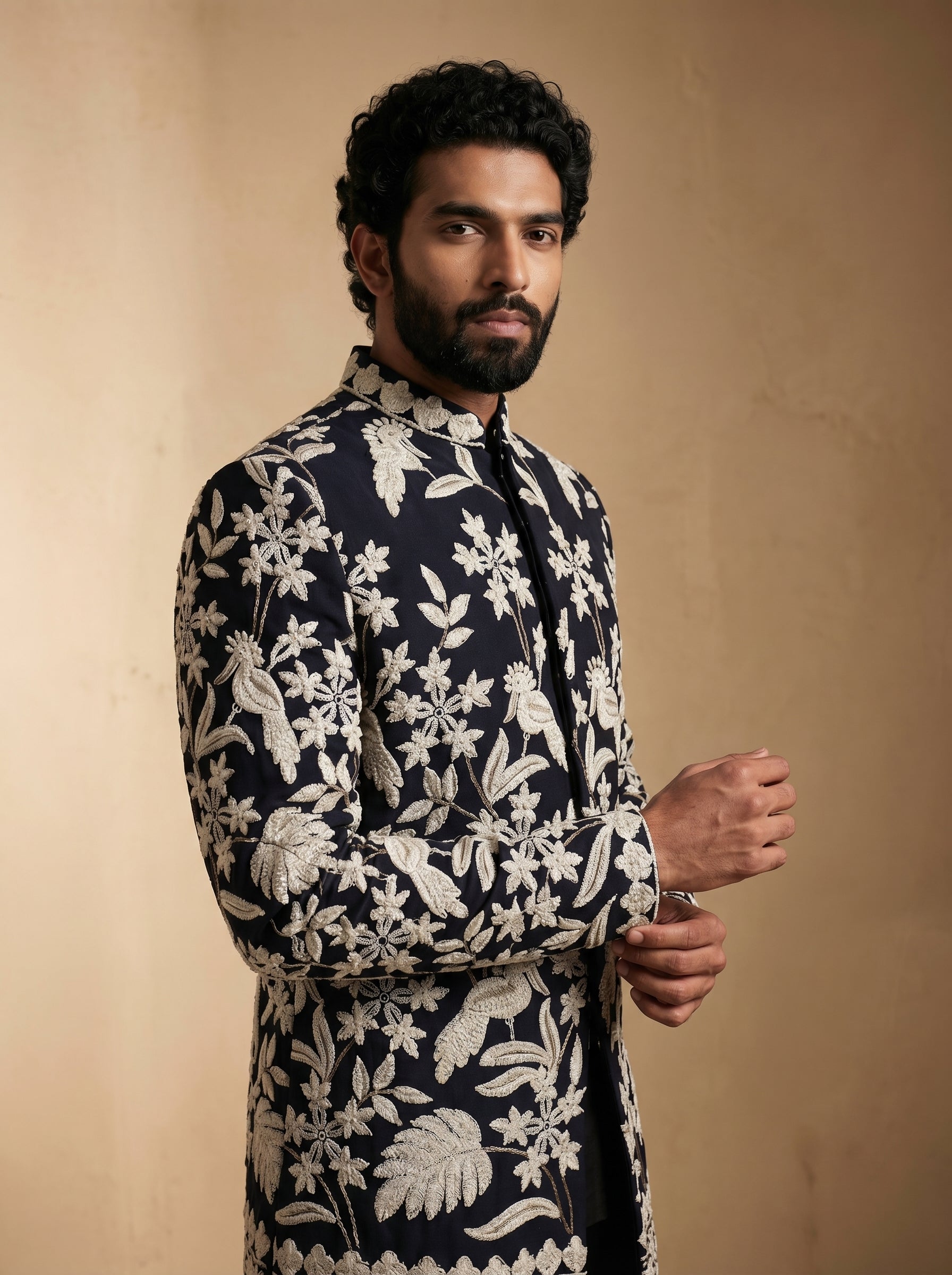 Navy Blue hand Embroidered Indo Western
