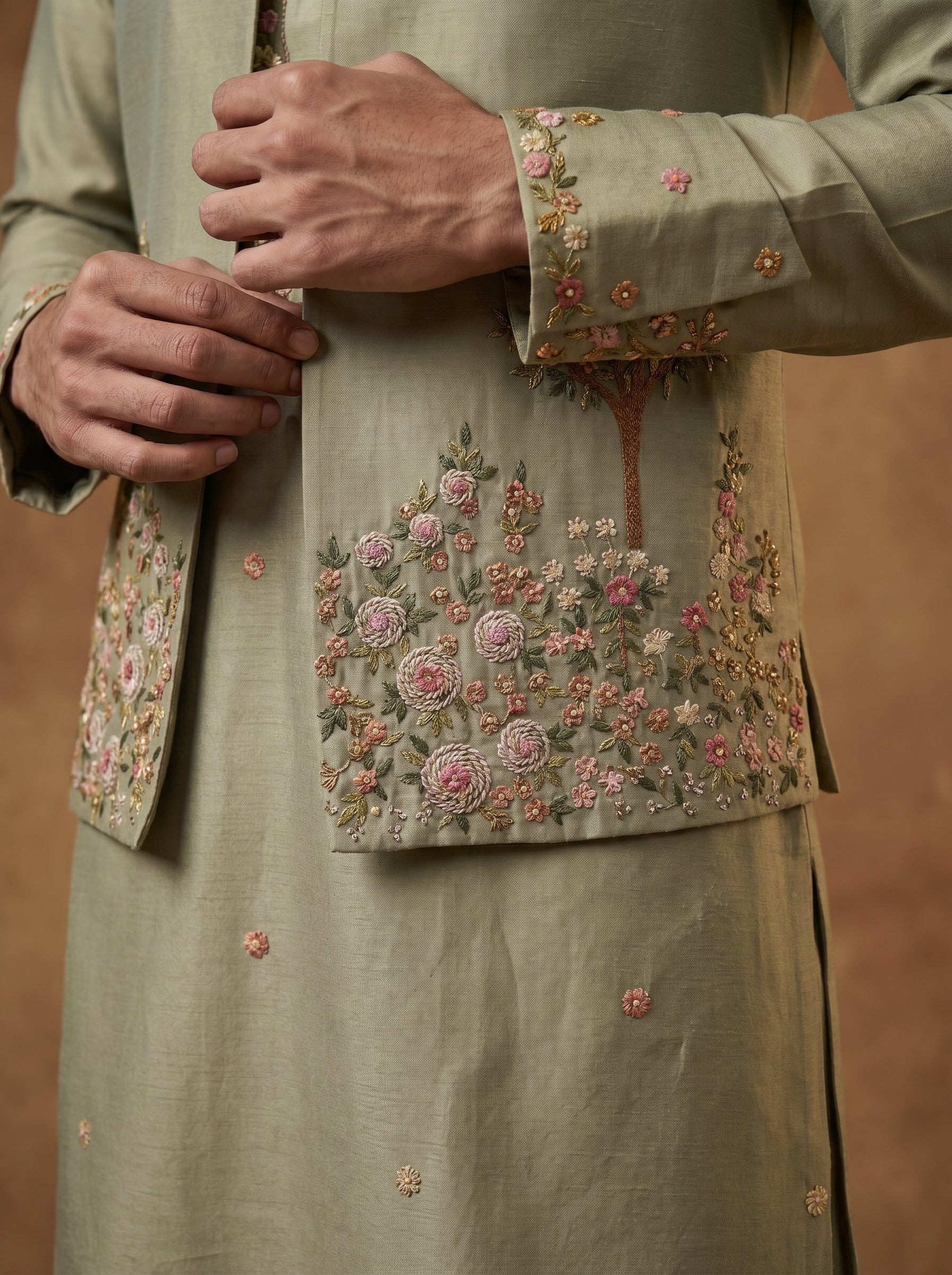 Hand Embroidered Silk Kurta Pajama Waistcoat Set