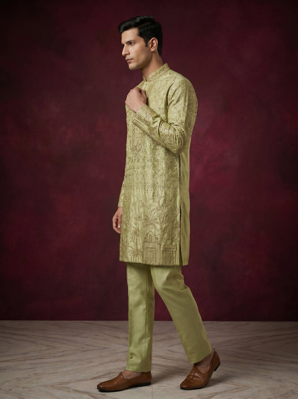 Tissue Fabric Hand Embroidered Kurta Pajama with Off White Bell Bottom
