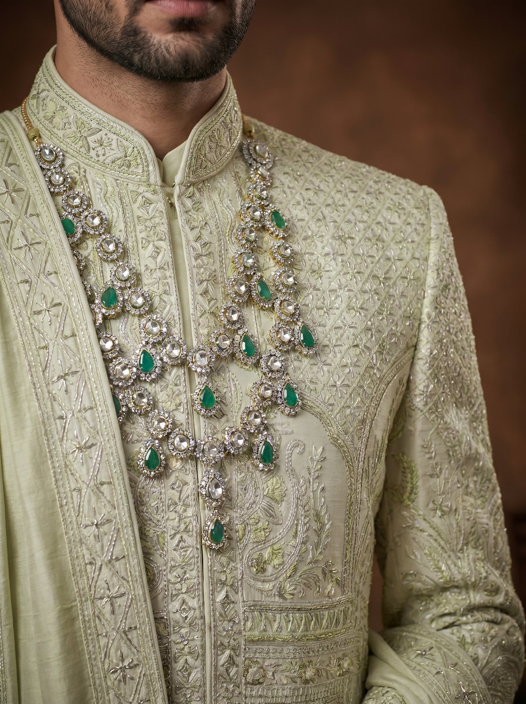 Silk Pista Sherwani With Hand Embroidery