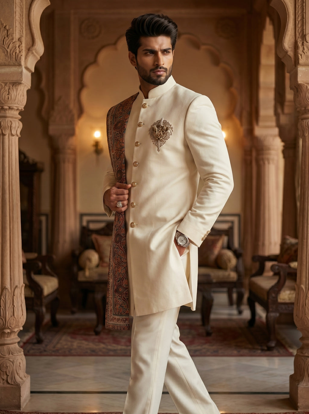 Ivory velvet achkan with hand embroidered and metal broach with stall