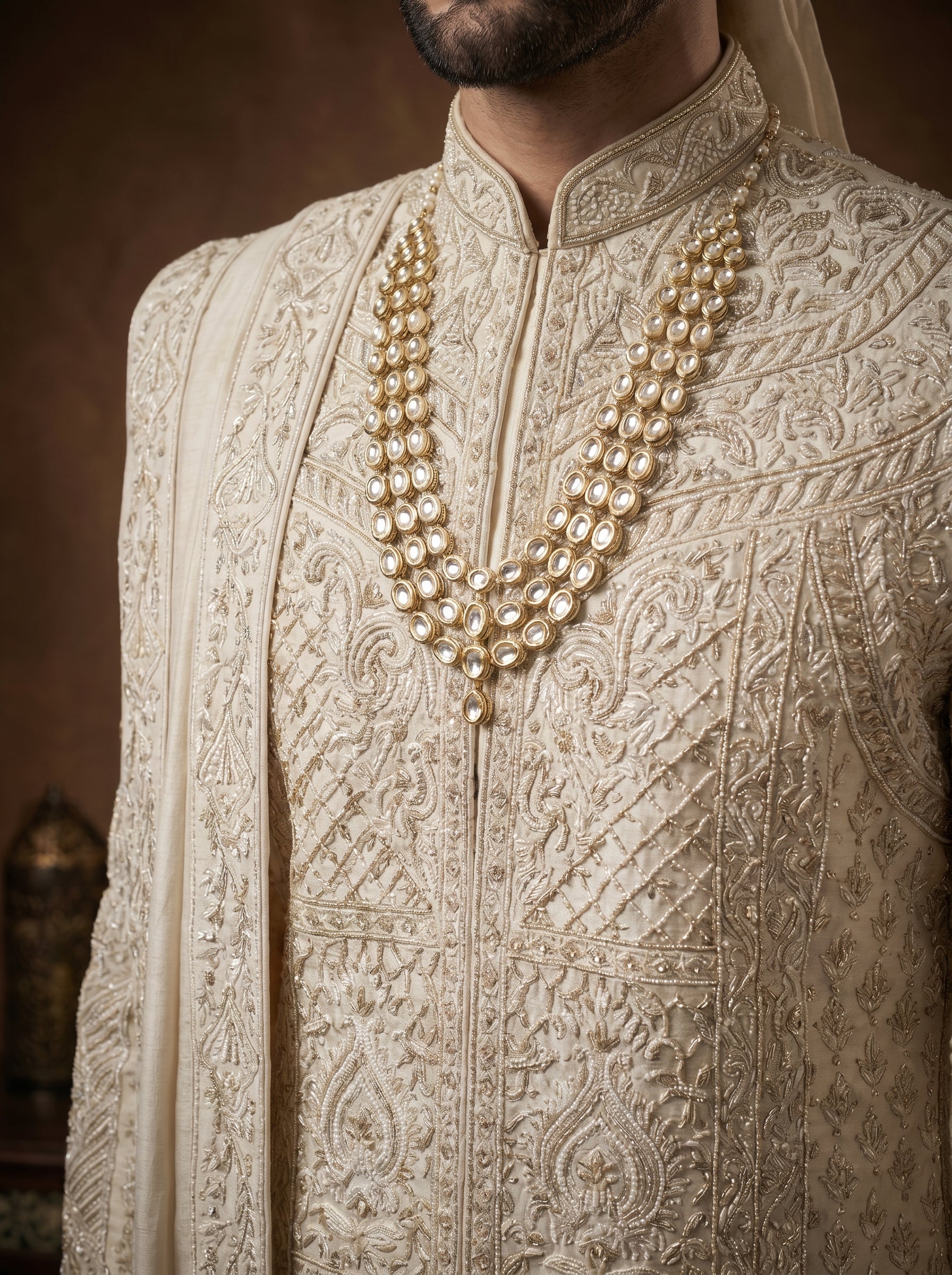 Cream Silk Sherwani With Hand Embroidery