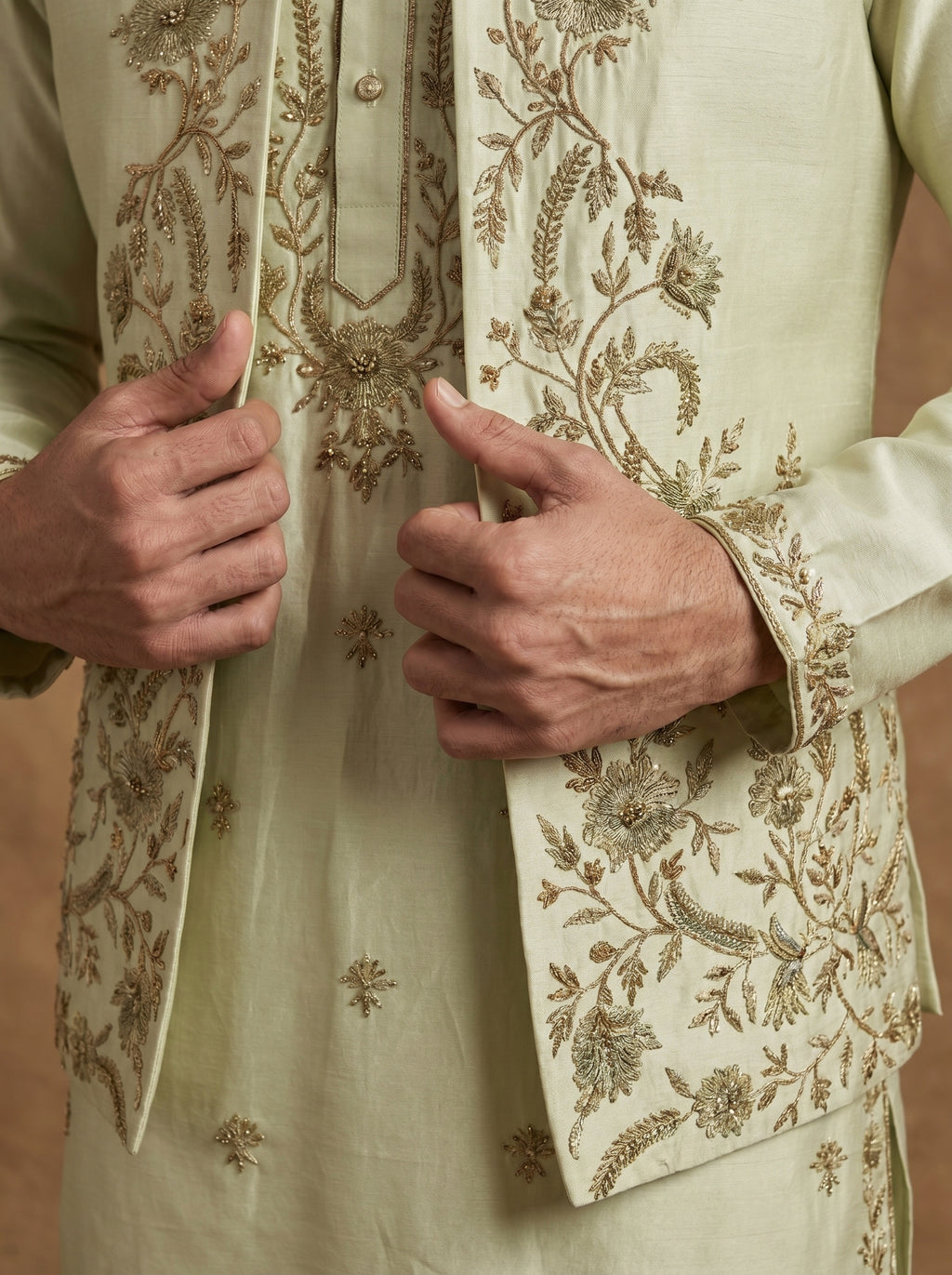 Hand Embroidered Silk Kurta Pajama Waistcoat Set