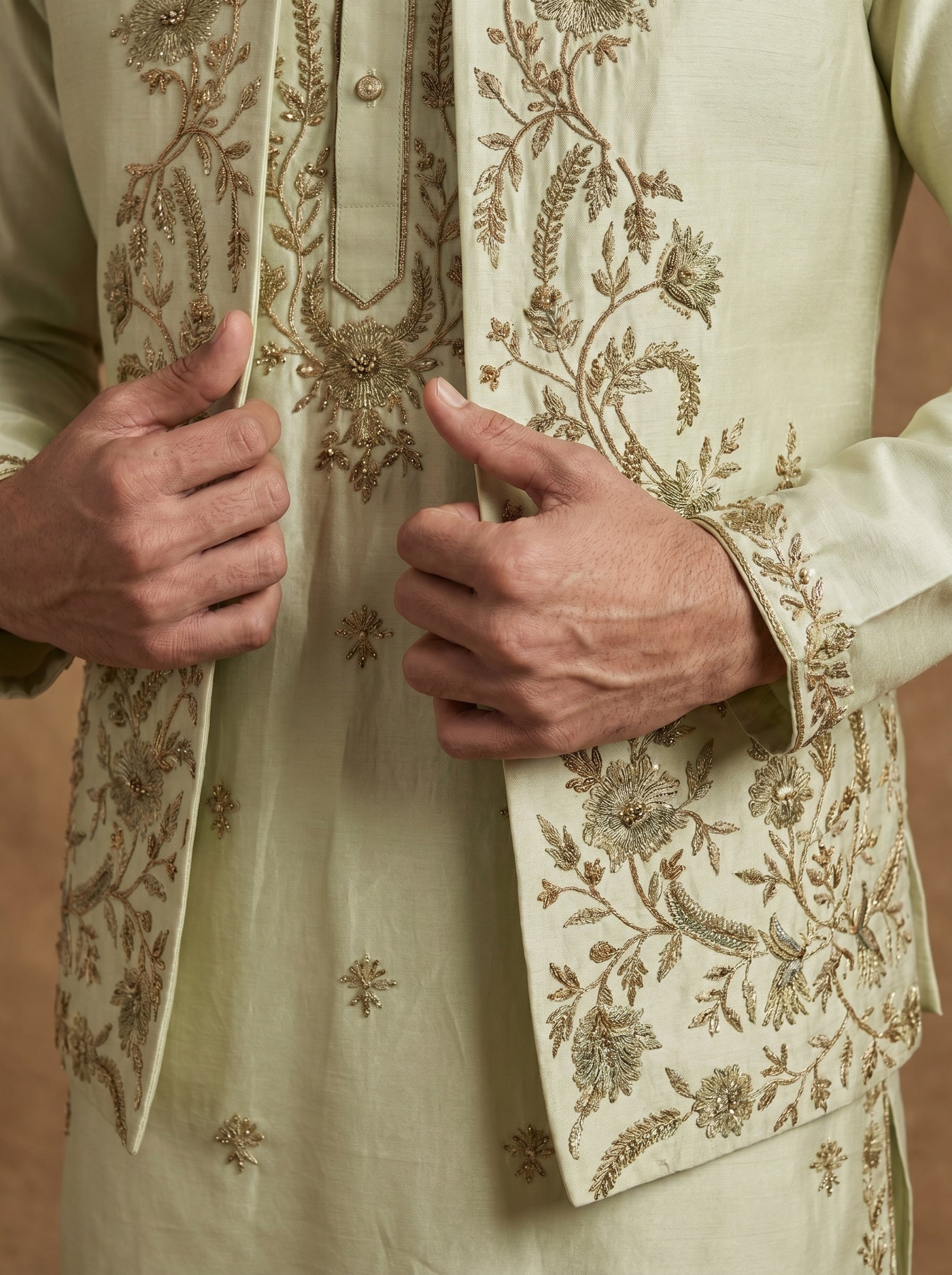 Hand Embroidered Silk Kurta Pajama Waistcoat Set