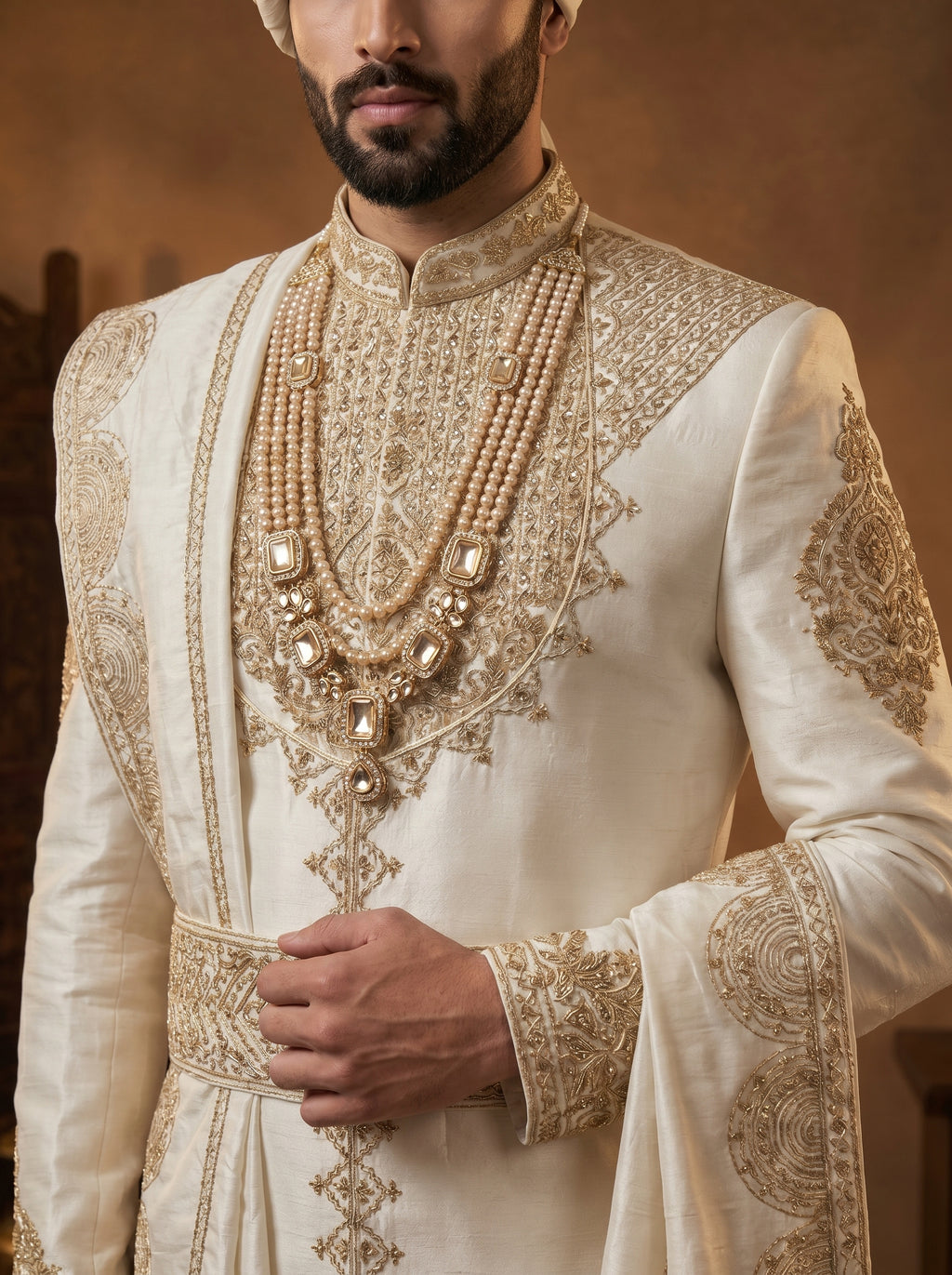 Ivory Silk Sherwani With Hand Embroidery