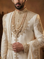 Ivory Silk Sherwani With Hand Embroidery