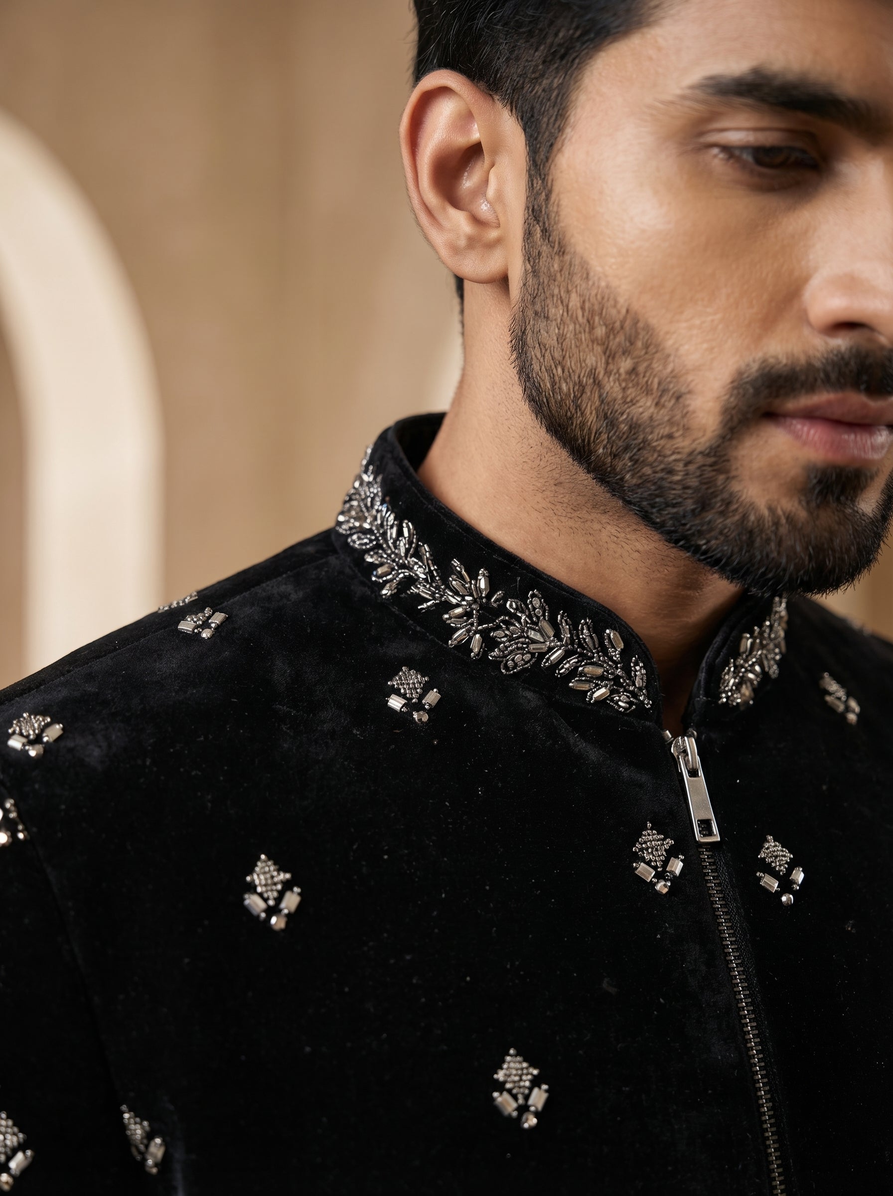 Hand Embroidered silk velvet Indo western