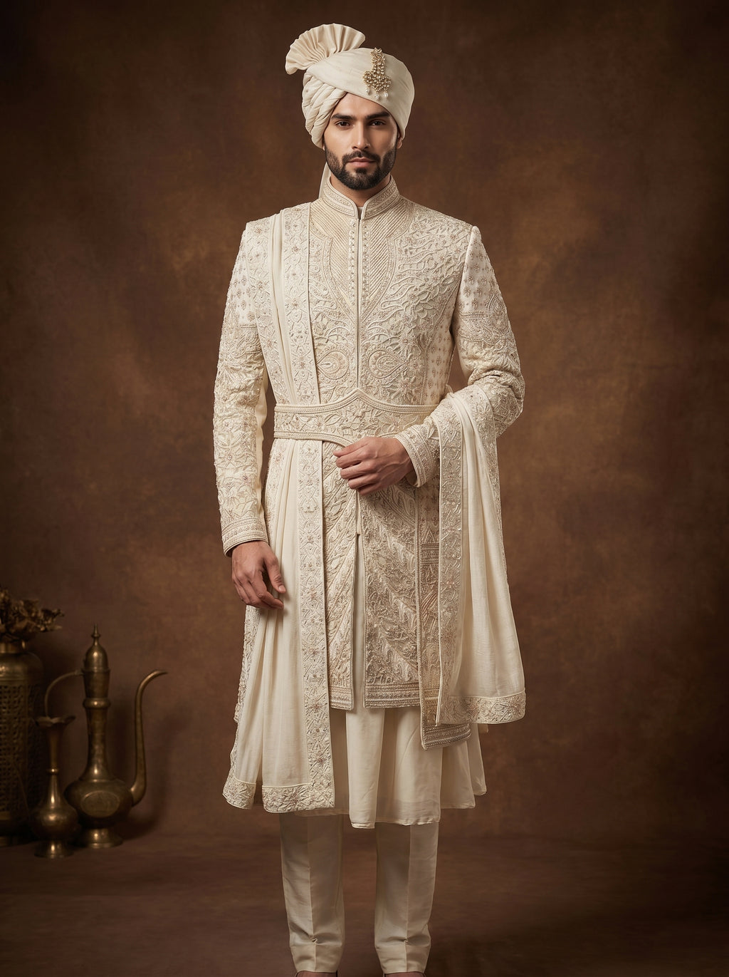 Ivory Silk Sherwani With Hand Embroidery