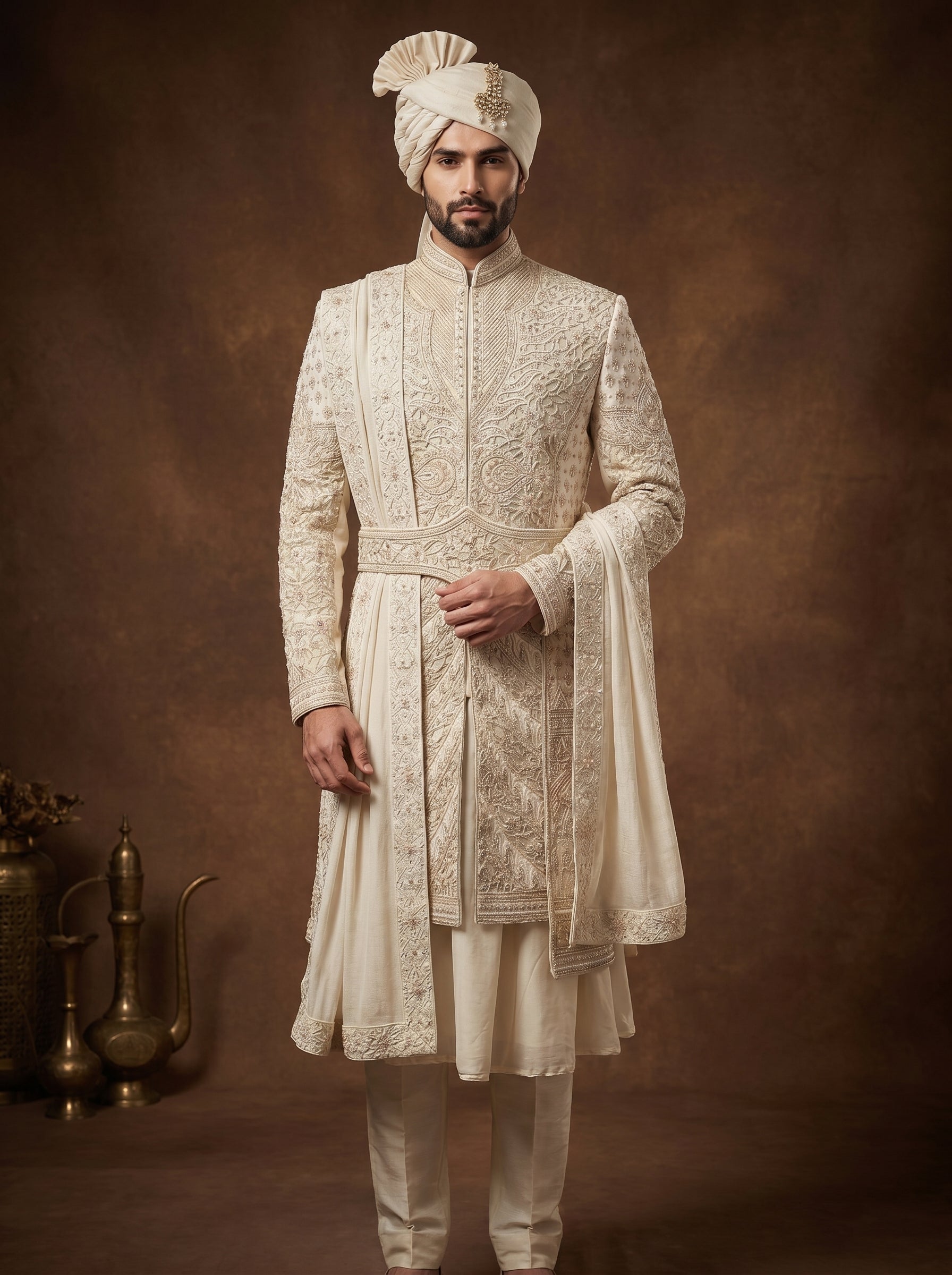 Ivory Silk Sherwani With Hand Embroidery