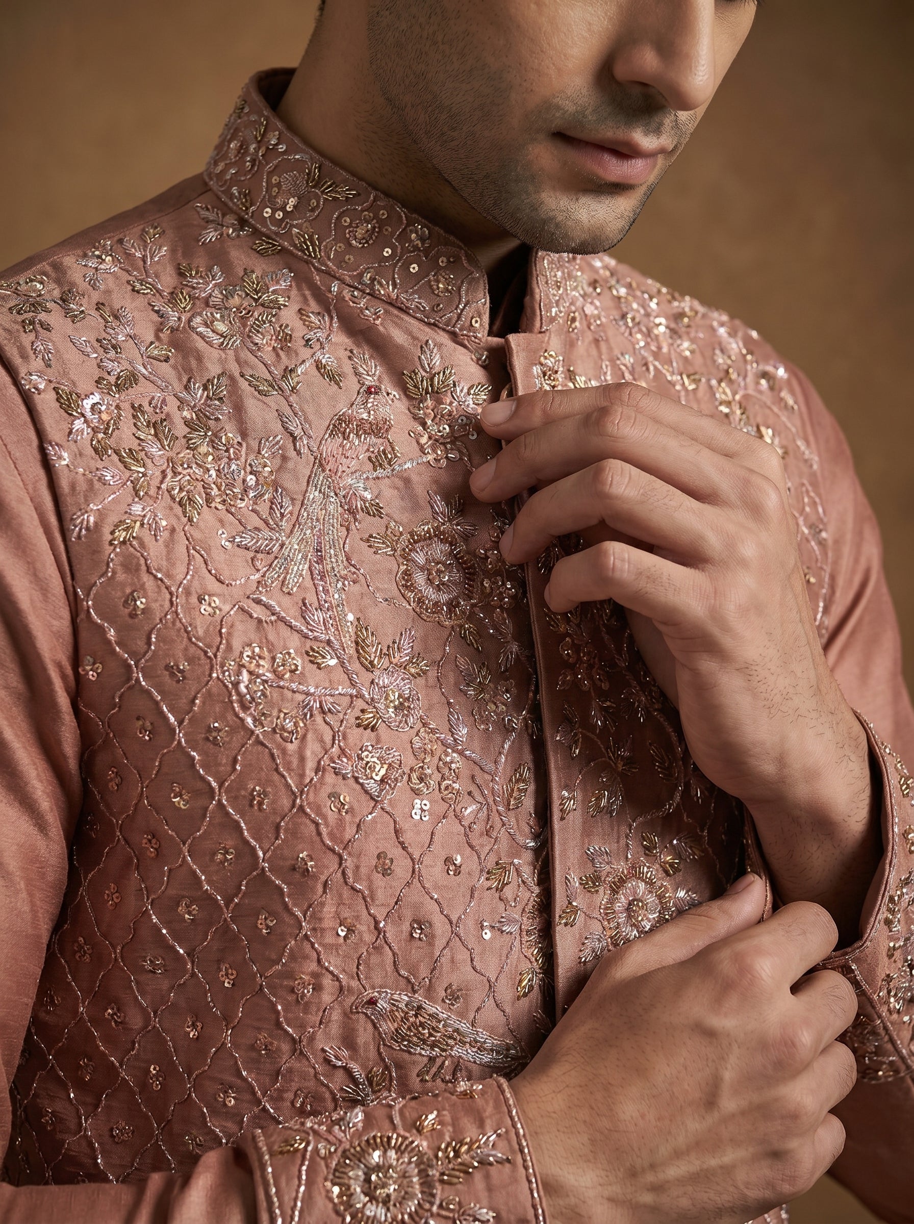 Hand Embroidered Silk Kurta Pajama Waistcoat Set
